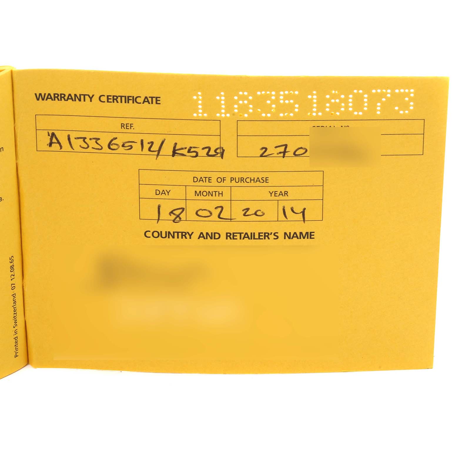 The image shows a warranty certificate for a Bentley model by Breitling, detailing the reference number, serial number, and purchase date.