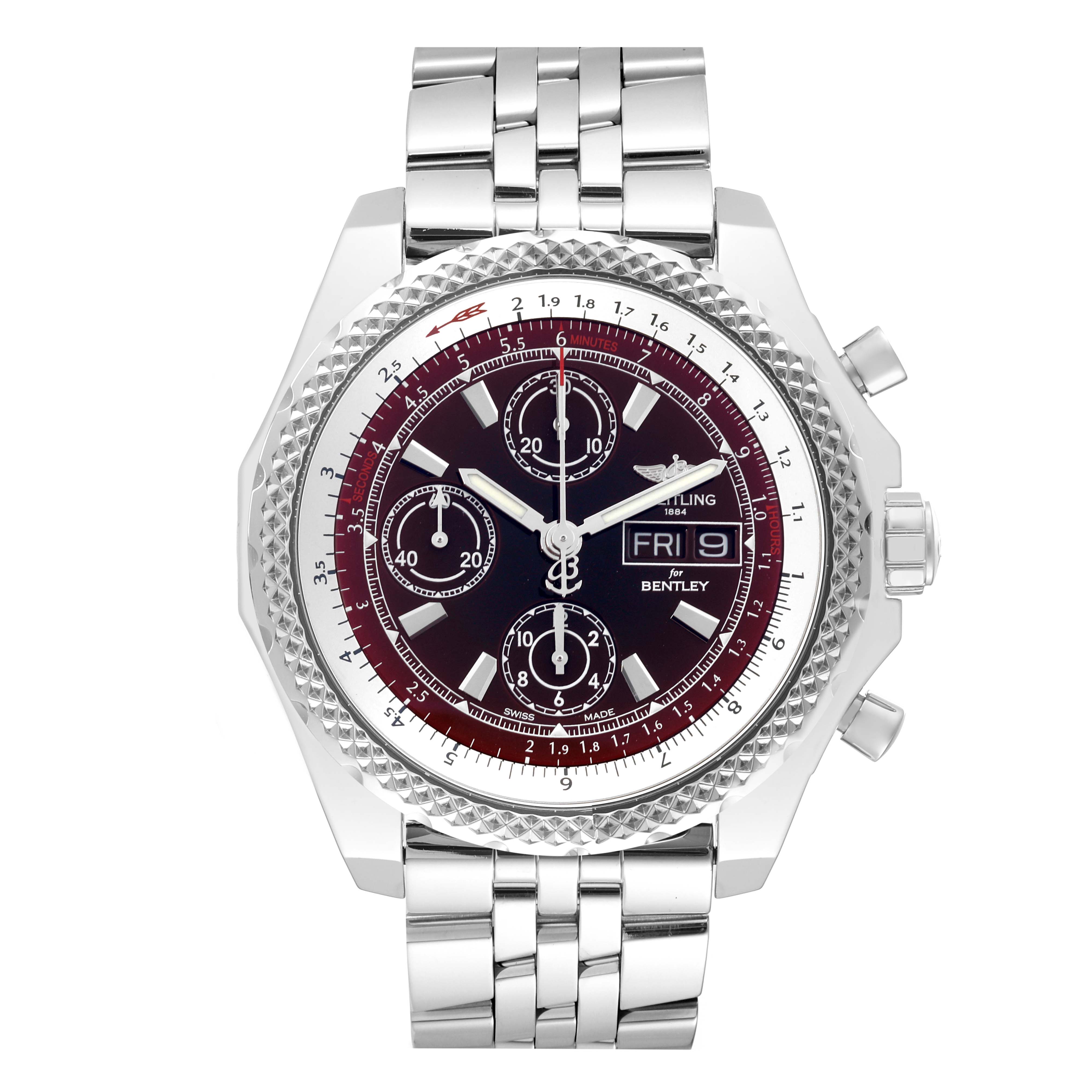 This image shows a front view of the Breitling Bentley A13362 Men's Stainless Steel Red Dial A13362 Men's Stainless Steel Red Dial watch, displaying the dial, bezel, and part of the metal bracelet.