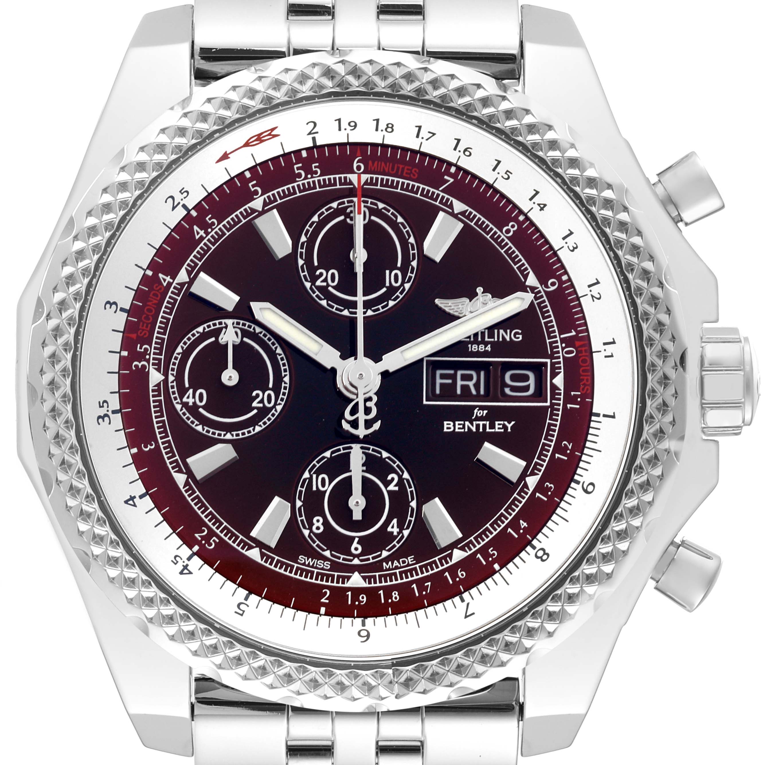 Front view of the Breitling Bentley A13362 Men's Stainless Steel Red Dial A13362 Men's Stainless Steel Red Dial watch showing its dial, sub-dials, bezel, date window, and part of the bracelet.