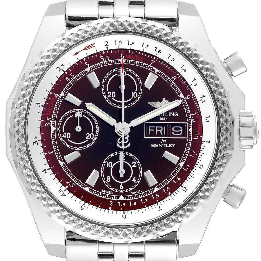 Front view of the Breitling Bentley watch showing its dial, sub-dials, bezel, date window, and part of the bracelet.