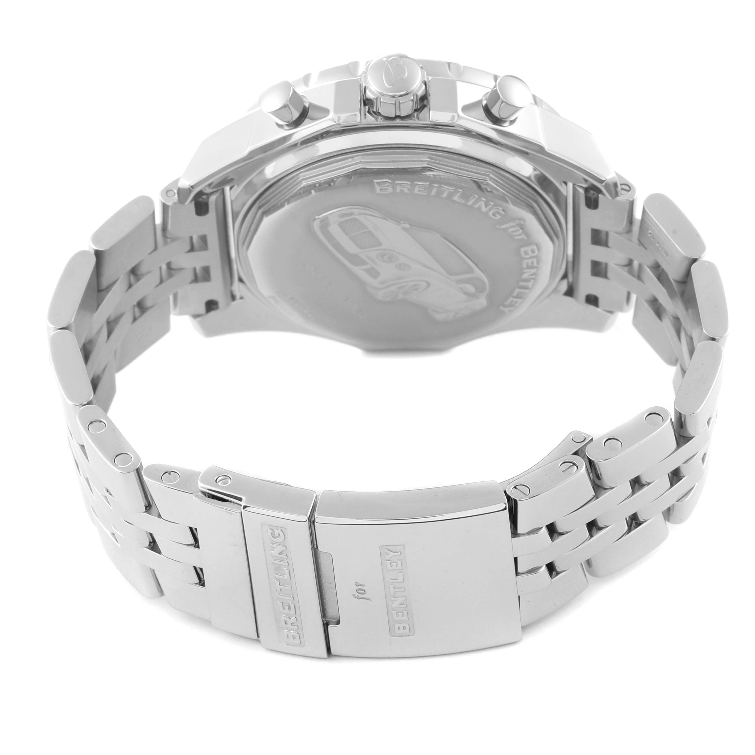 The image shows the back and clasp of a Breitling Bentley A13362 Men's Stainless Steel Red Dial A13362 Men's Stainless Steel Red Dial model watch at an angled view.