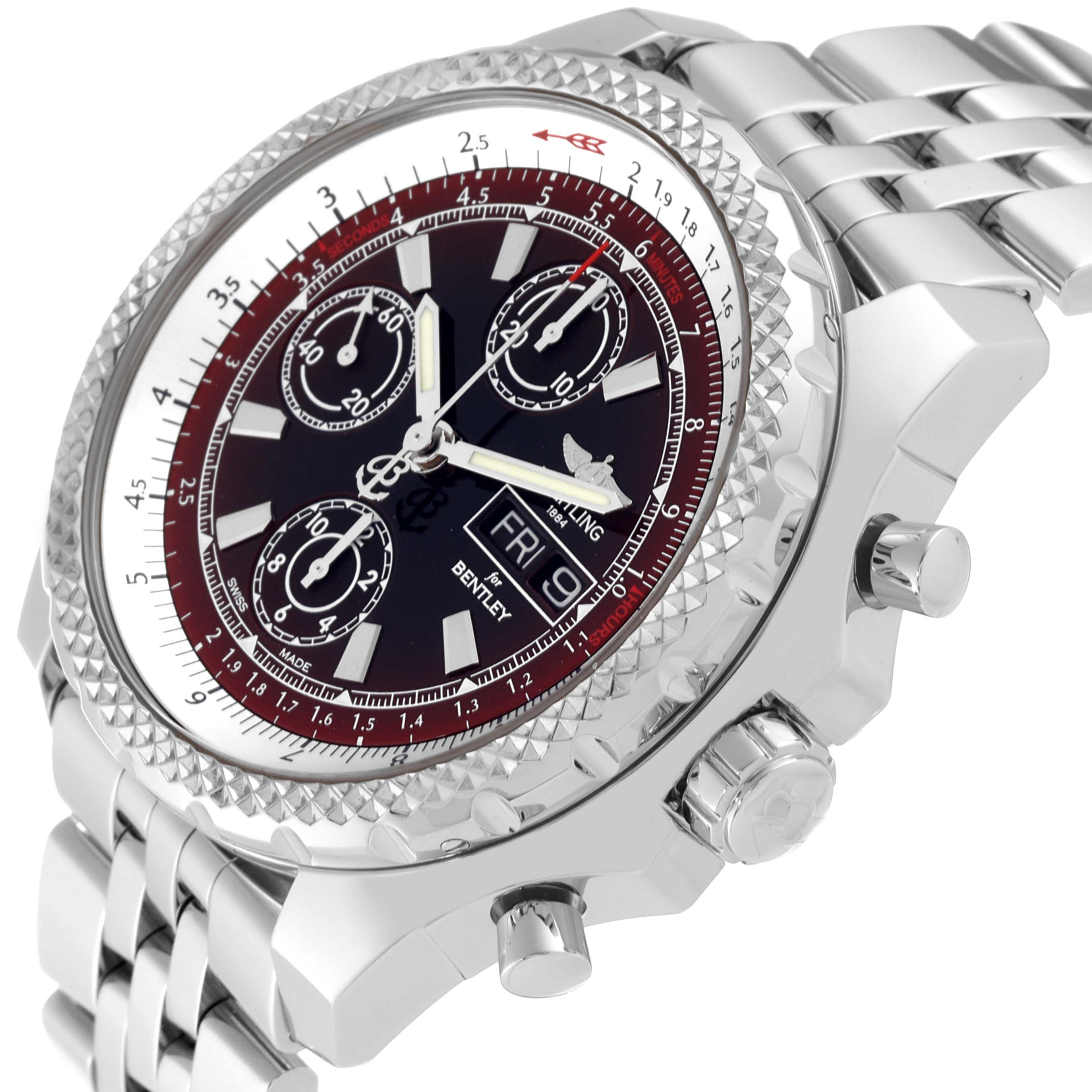 The image shows a Breitling Bentley A13362 Men's Stainless Steel Red Dial A13362 Men's Stainless Steel Red Dial watch at a three-quarter angle, highlighting the bezel, dial, subdials, and crown.