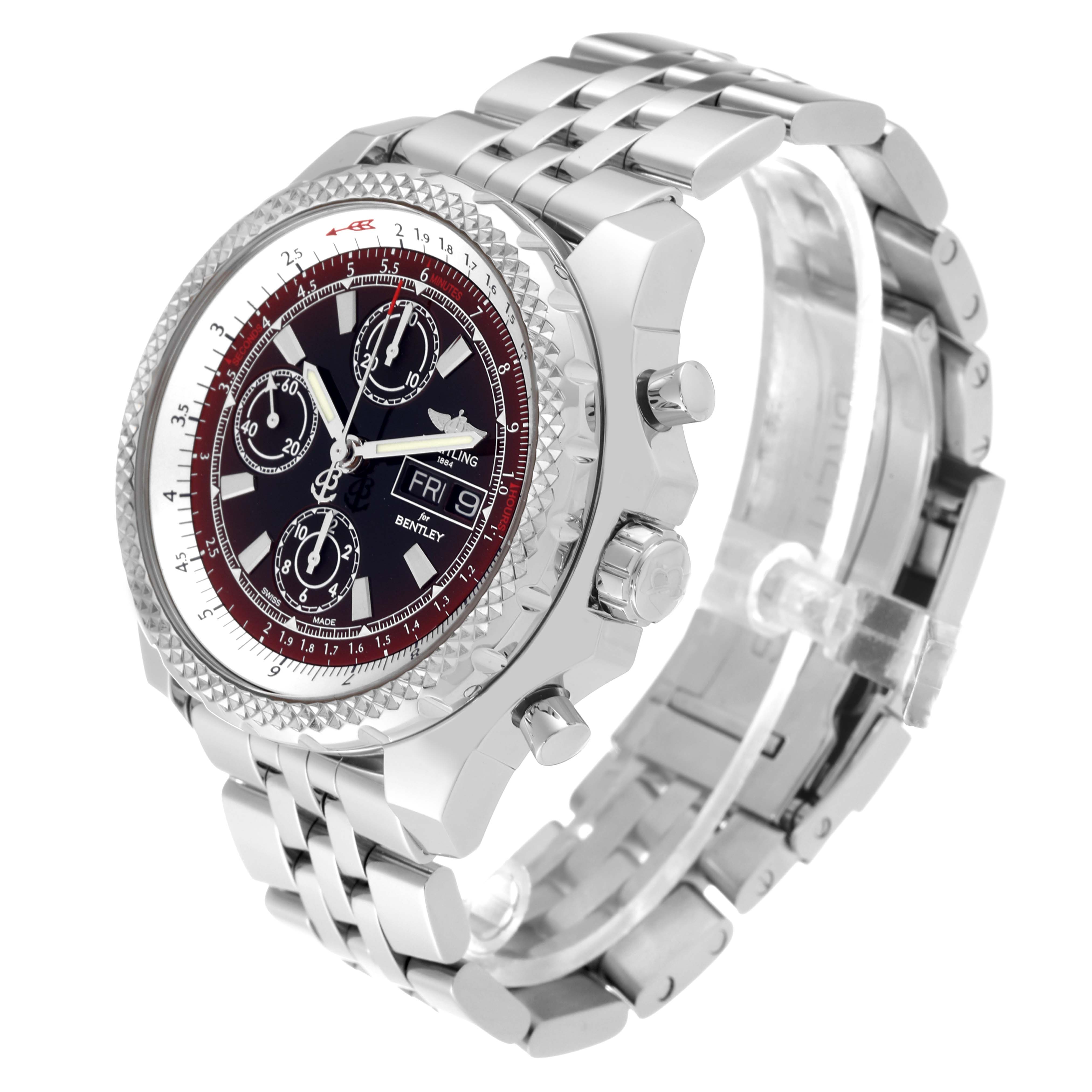 The Breitling Bentley A13362 Men's Stainless Steel Red Dial A13362 Men's Stainless Steel Red Dial watch is shown at a three-quarter angle, highlighting the bezel, dials, and metal bracelet.