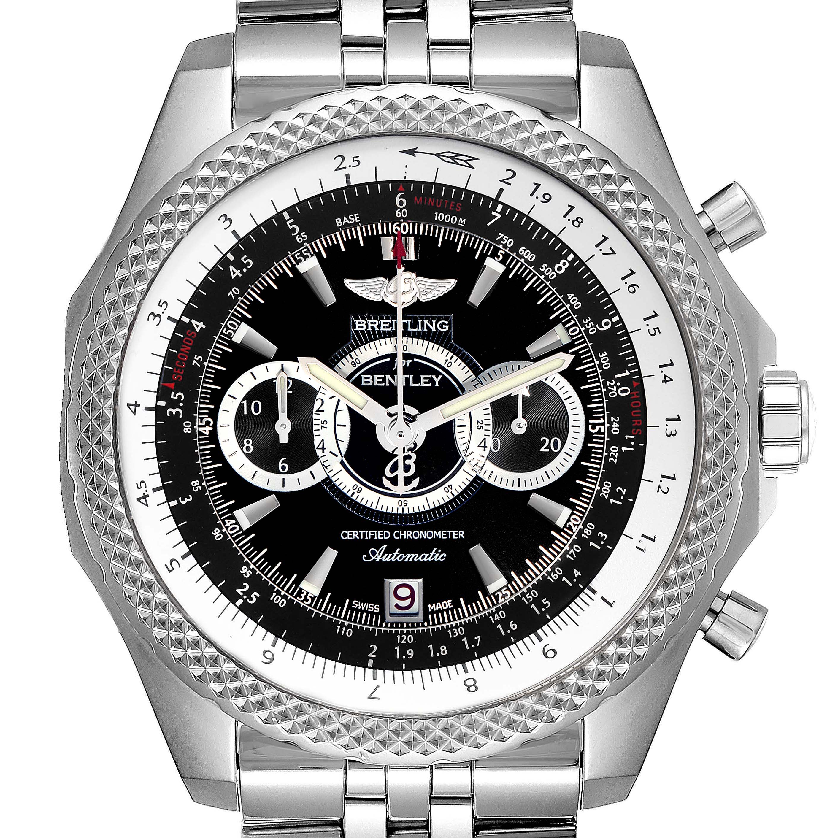 The image shows a front view of the Breitling Bentley A26364 Men's Stainless Steel Black Dial A26364 Men's Stainless Steel Black Dial model watch, highlighting the dial, bezel, and part of the bracelet.