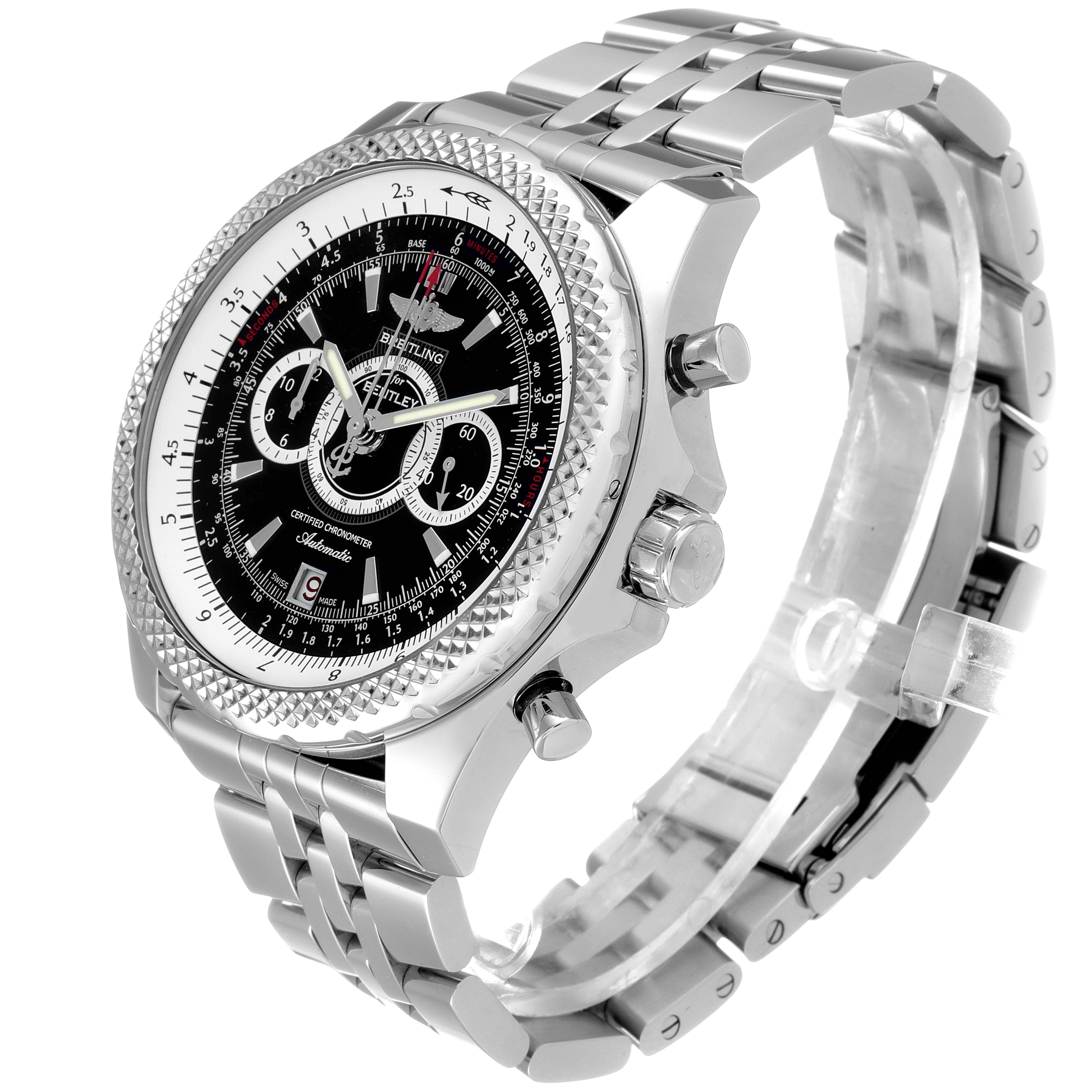 The image shows a Breitling Bentley A26364 Men's Stainless Steel Black Dial A26364 Men's Stainless Steel Black Dial watch at a 3/4 angle, displaying its face, bezel, crown, and bracelet.