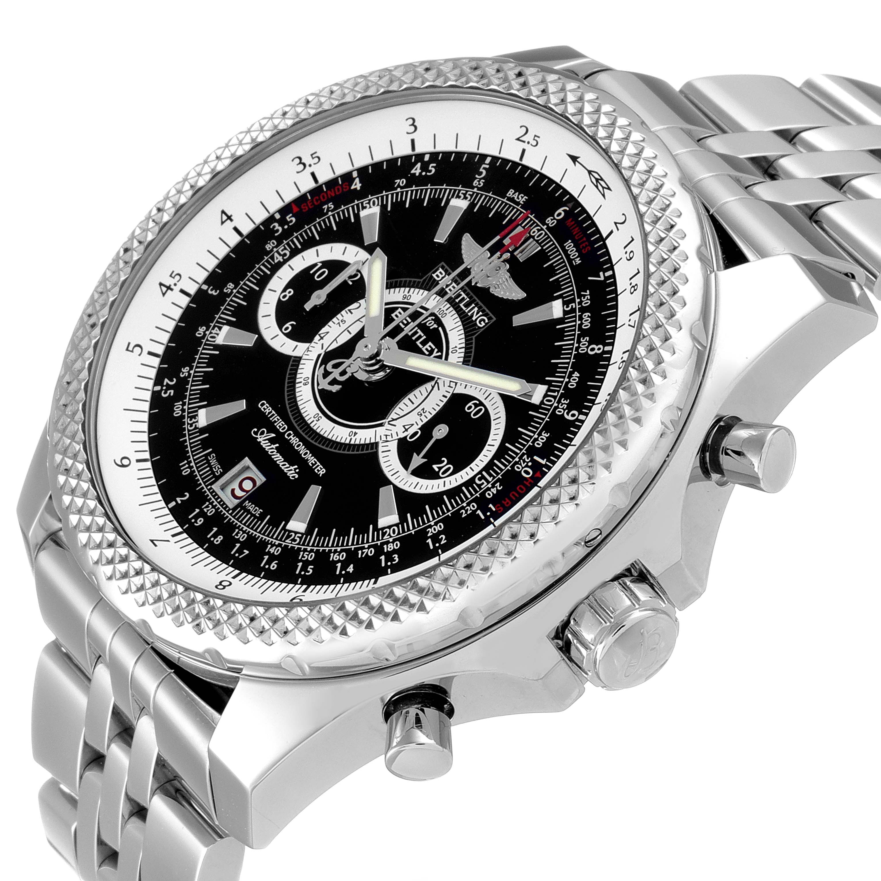 The image shows a close-up angle of the Breitling Bentley A26364 Men's Stainless Steel Black Dial A26364 Men's Stainless Steel Black Dial watch, highlighting its dial, bezel, and steel bracelet.