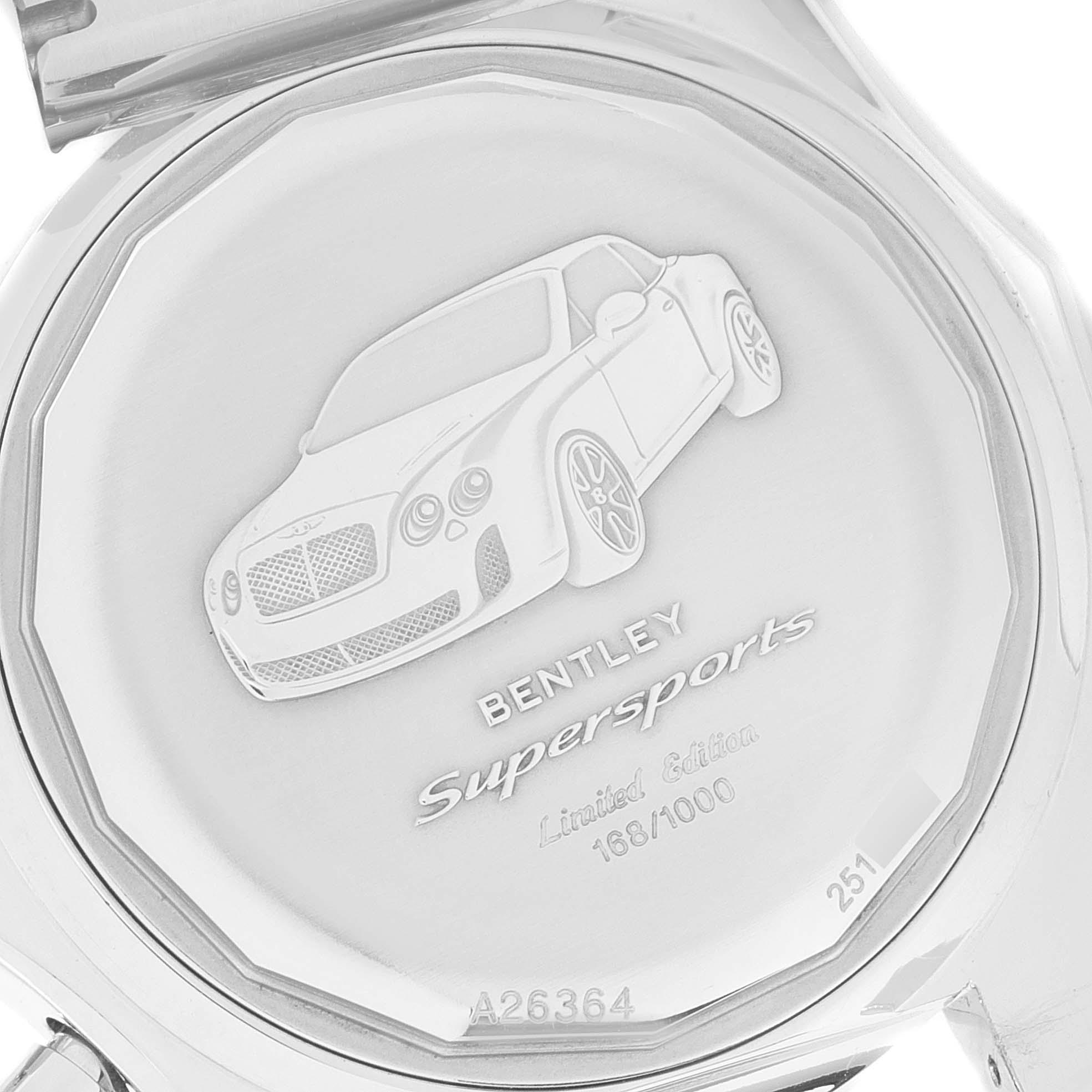 This image shows the back case of a Bentley model watch by Breitling, featuring an engraving of a car and limited edition details.
