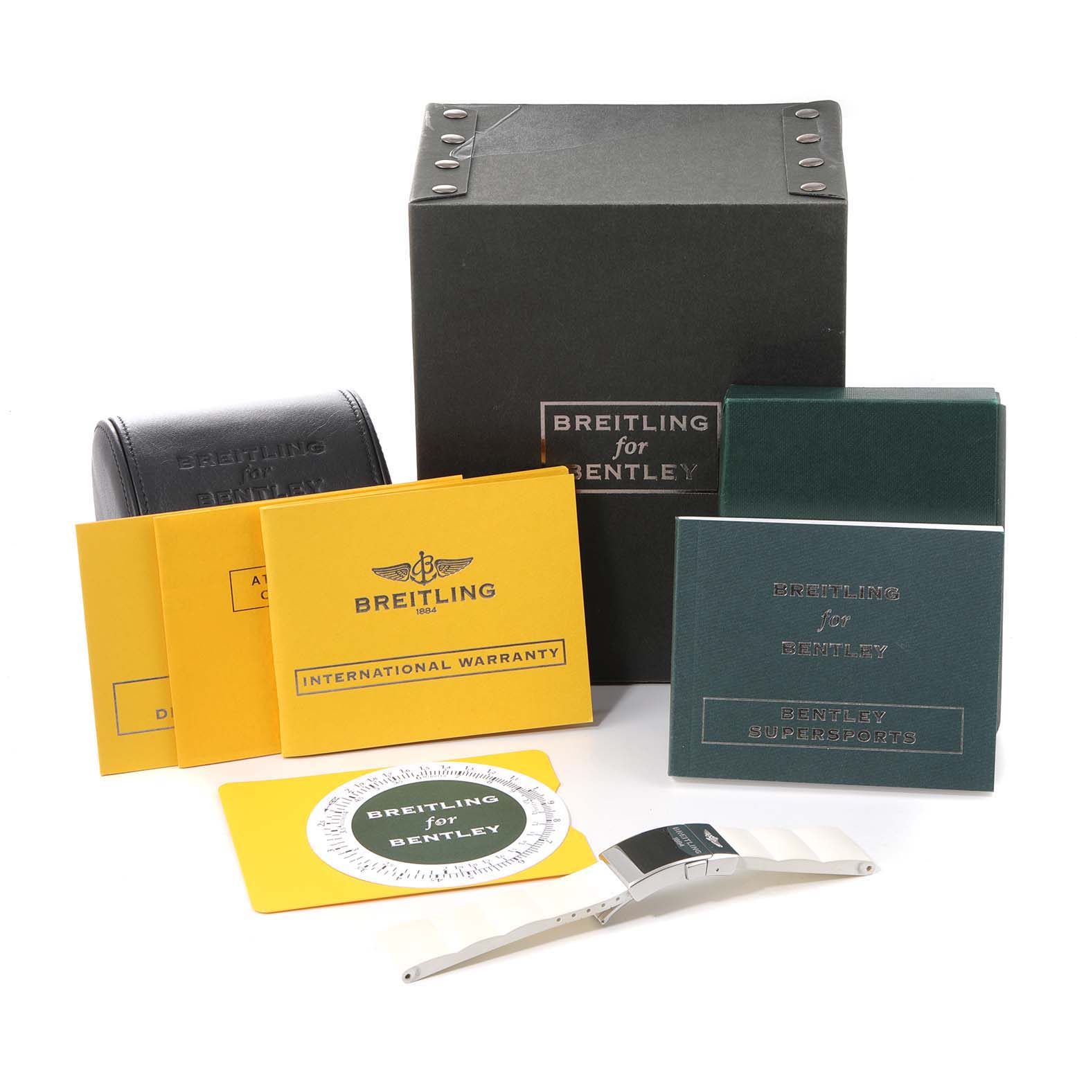 The image shows the accessories of the Breitling Bentley A26364 Men's Stainless Steel Black Dial A26364 Men's Stainless Steel Black Dial model watch, including boxes, booklets, and a metal watch strap.