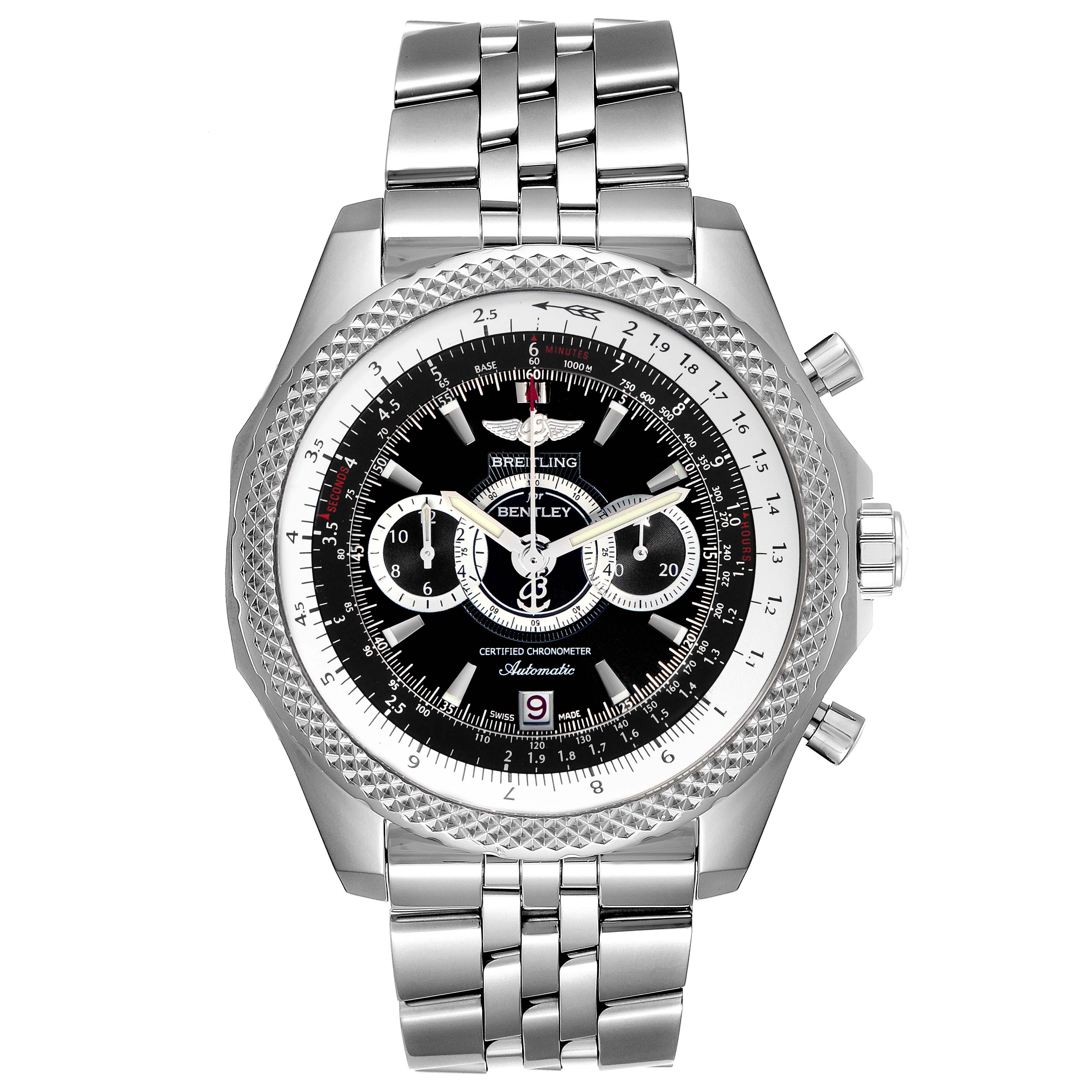 The Breitling Bentley A26364 Men's Stainless Steel Black Dial A26364 Men's Stainless Steel Black Dial watch is shown from a straight-on angle, displaying its face, bezel, and metal bracelet.