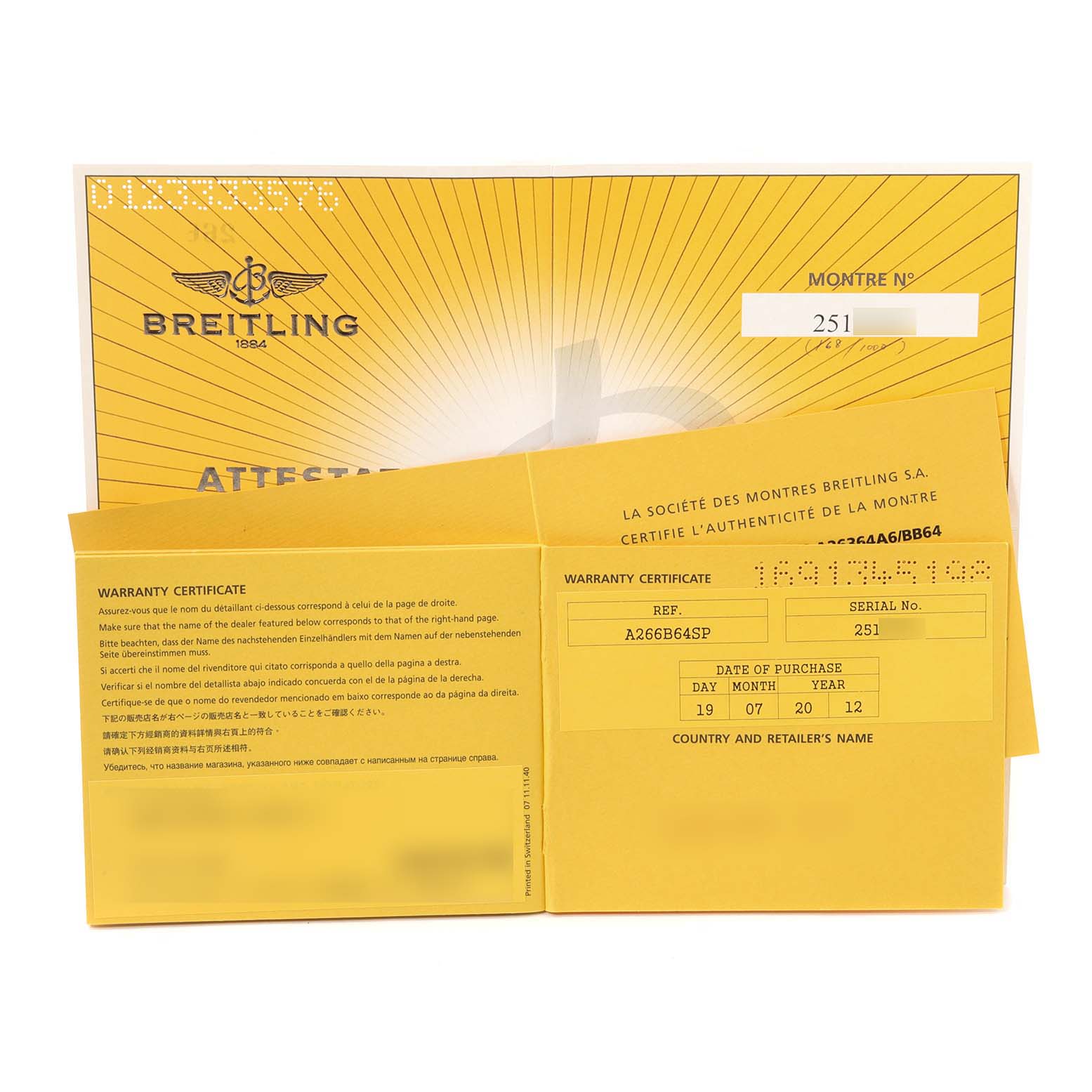 The image shows the warranty certificate and authenticity documents for the Bentley model by Breitling from a top-down angle.