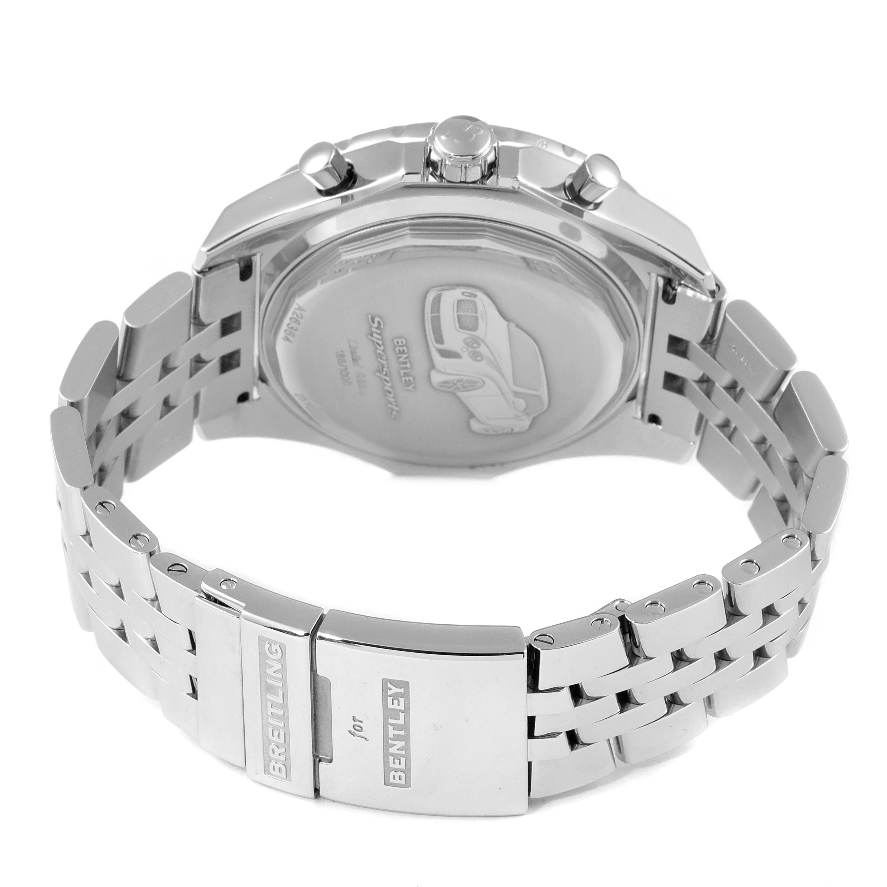 The image shows the back and bracelet of a Breitling Bentley A26364 Men's Stainless Steel Black Dial A26364 Men's Stainless Steel Black Dial model watch, highlighting the clasp and case back with engravings.