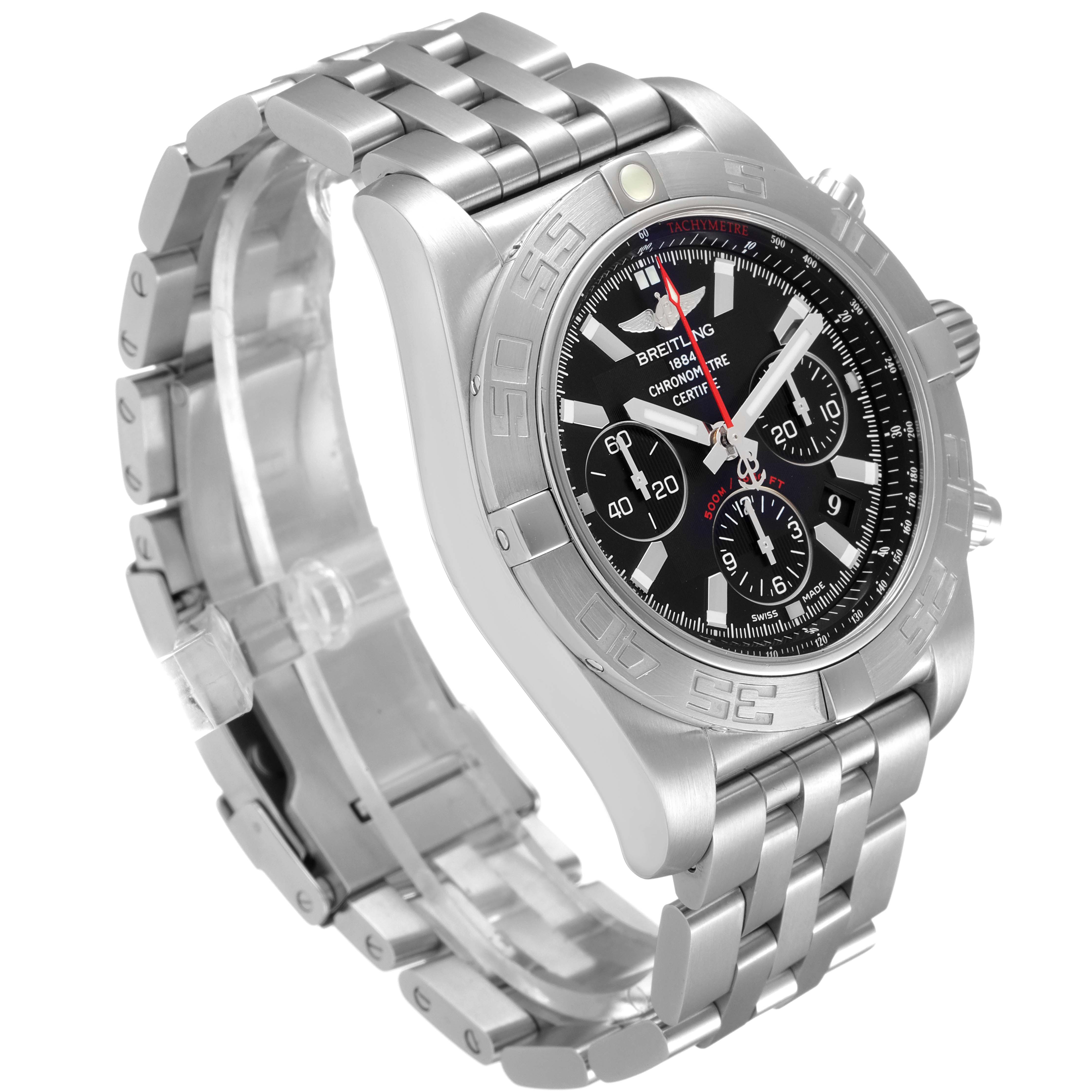 The image shows a Breitling Chronomat AB0110 Men
s Stainless Steel Black Dial AB0110 Men
s Stainless Steel Black Dial watch at an angled side view, highlighting the dial, bezel, and stainless steel bracelet.