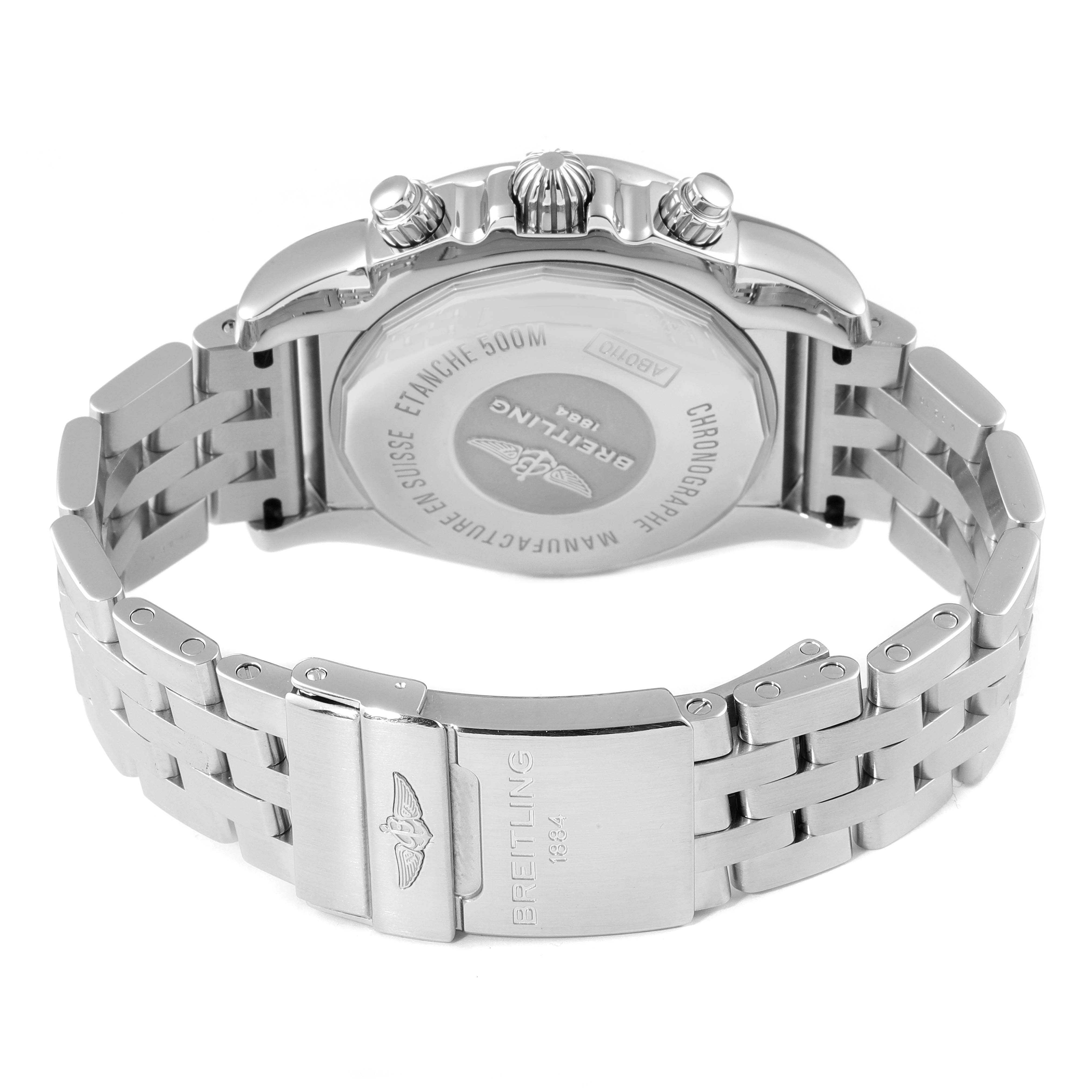 The image shows the back view of the Breitling Chronomat AB0110 Men
s Stainless Steel Black Dial AB0110 Men
s Stainless Steel Black Dial watch, highlighting the case back, crown, pushers, and metal bracelet.