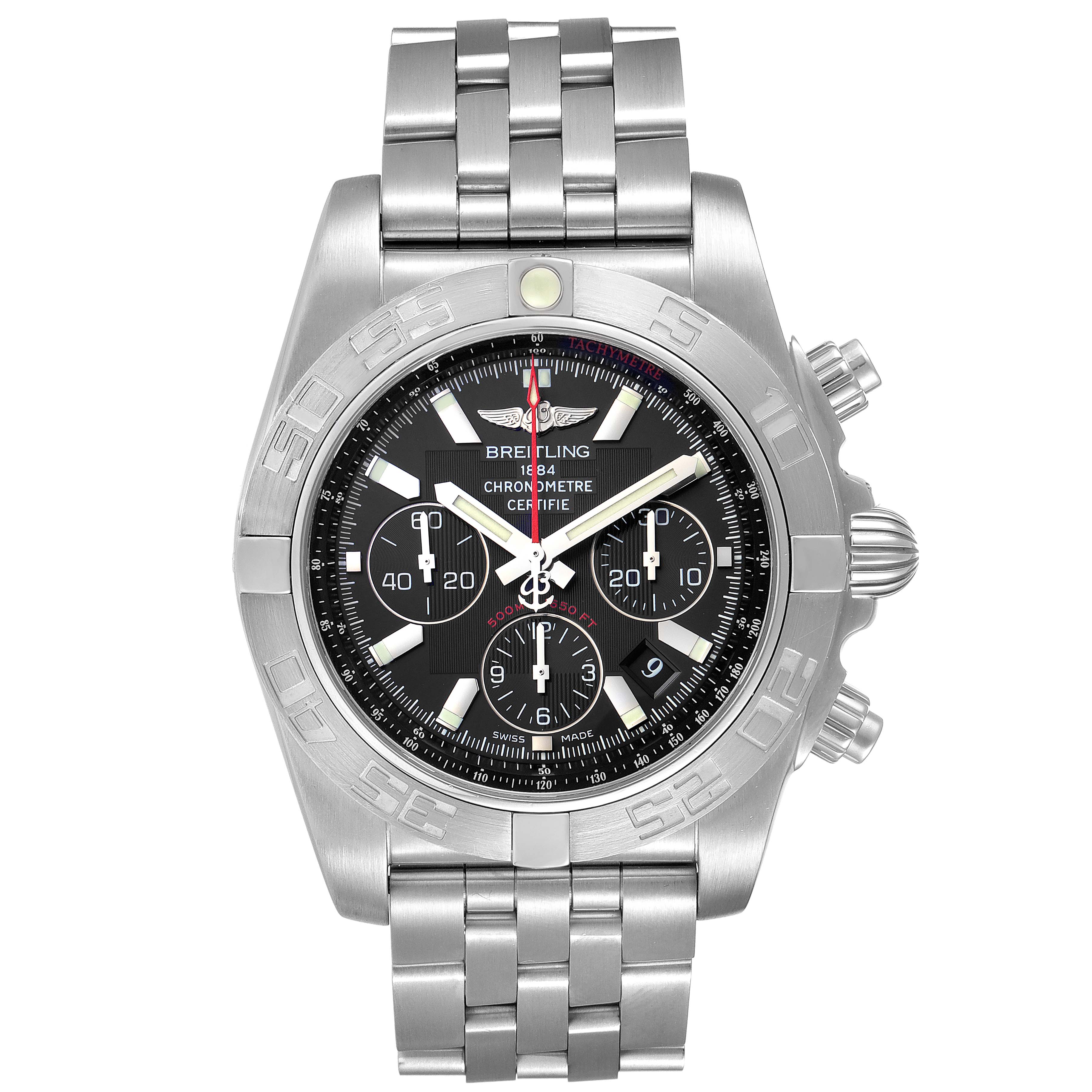 The image shows a front view of a Breitling Chronomat AB0110 Men
s Stainless Steel Black Dial AB0110 Men
s Stainless Steel Black Dial watch, featuring its stainless steel bracelet, dial, and chronograph subdials.