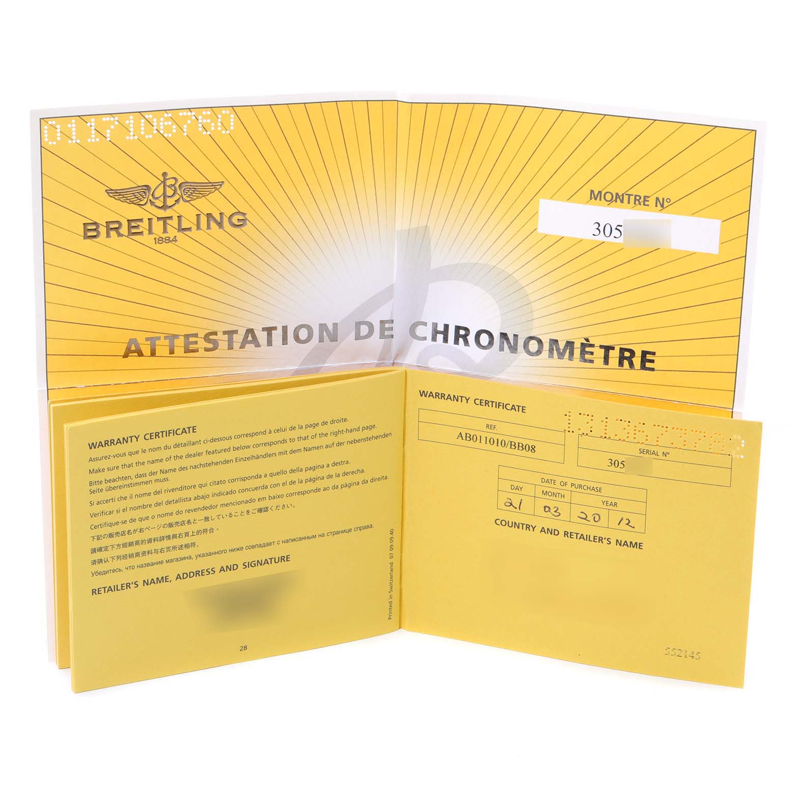 The image shows the warranty certificate and chronometer certification for a Breitling Chronomat AB0110 Men
s Stainless Steel Black Dial AB0110 Men
s Stainless Steel Black Dial watch model.