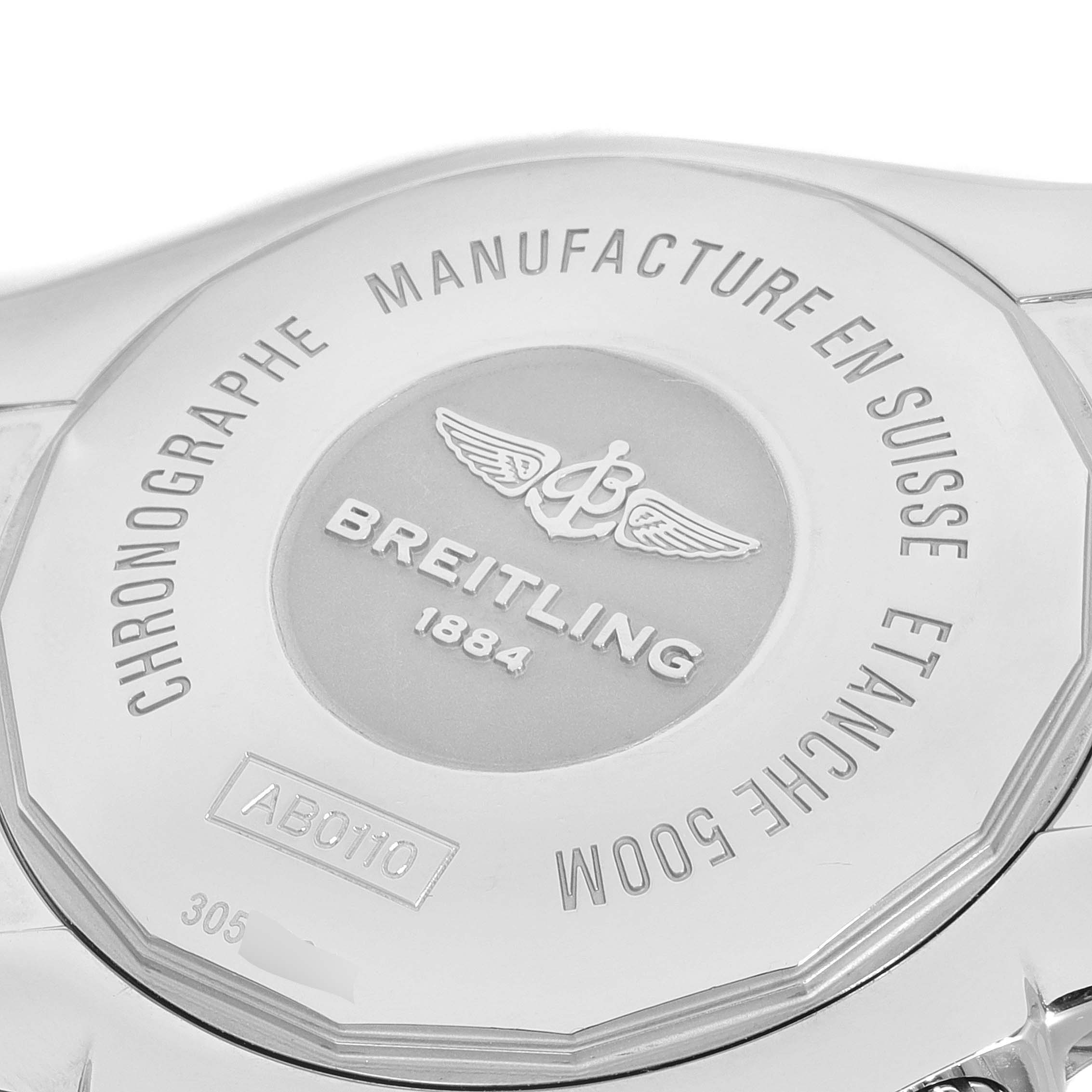 This image shows the case back of the Breitling Chronomat AB0110 Men
s Stainless Steel Black Dial AB0110 Men
s Stainless Steel Black Dial watch, highlighting the brand name and model information.