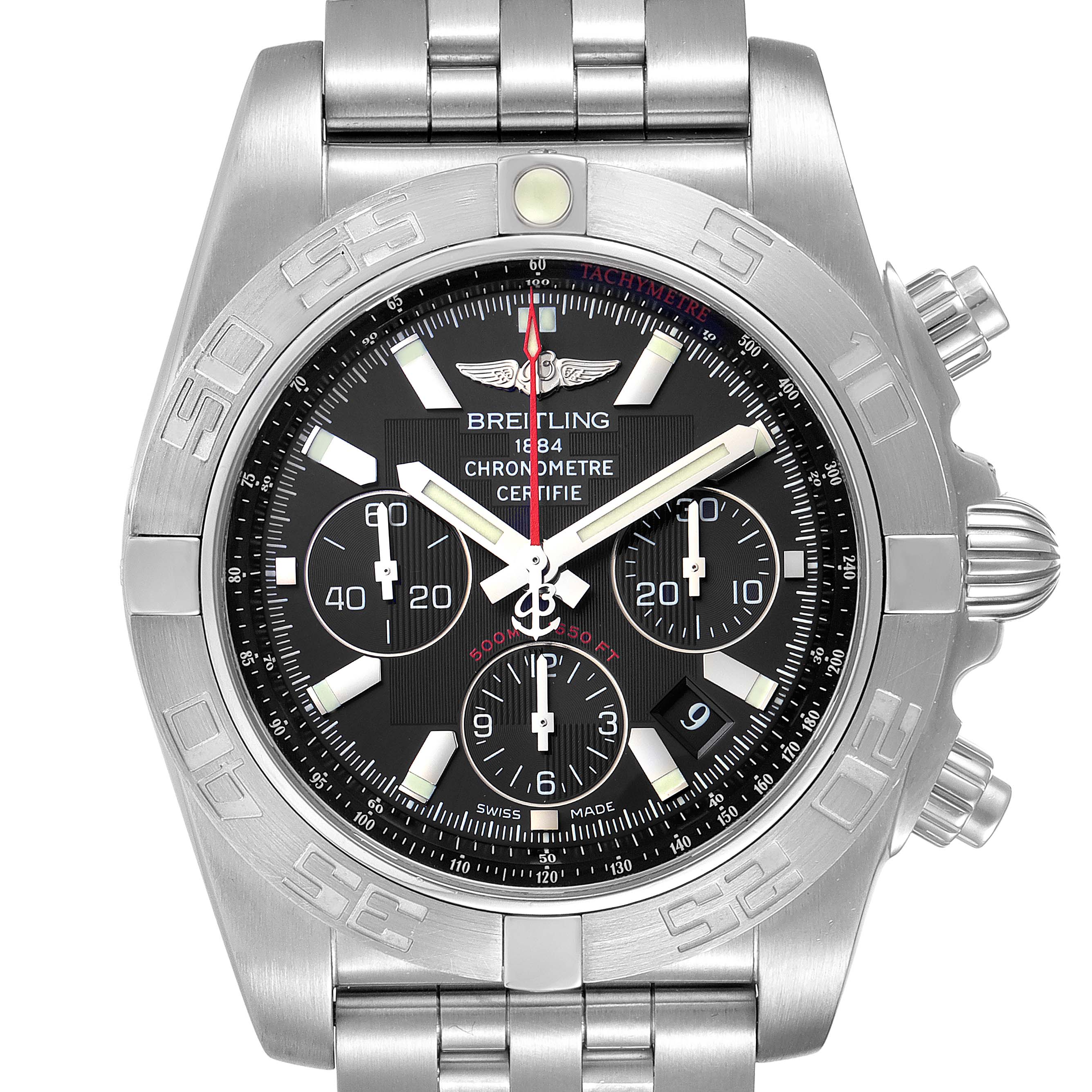 The image shows a close-up view of the face of a Breitling Chronomat AB0110 Men
s Stainless Steel Black Dial AB0110 Men
s Stainless Steel Black Dial watch, highlighting its bezel, dial, and bracelet.