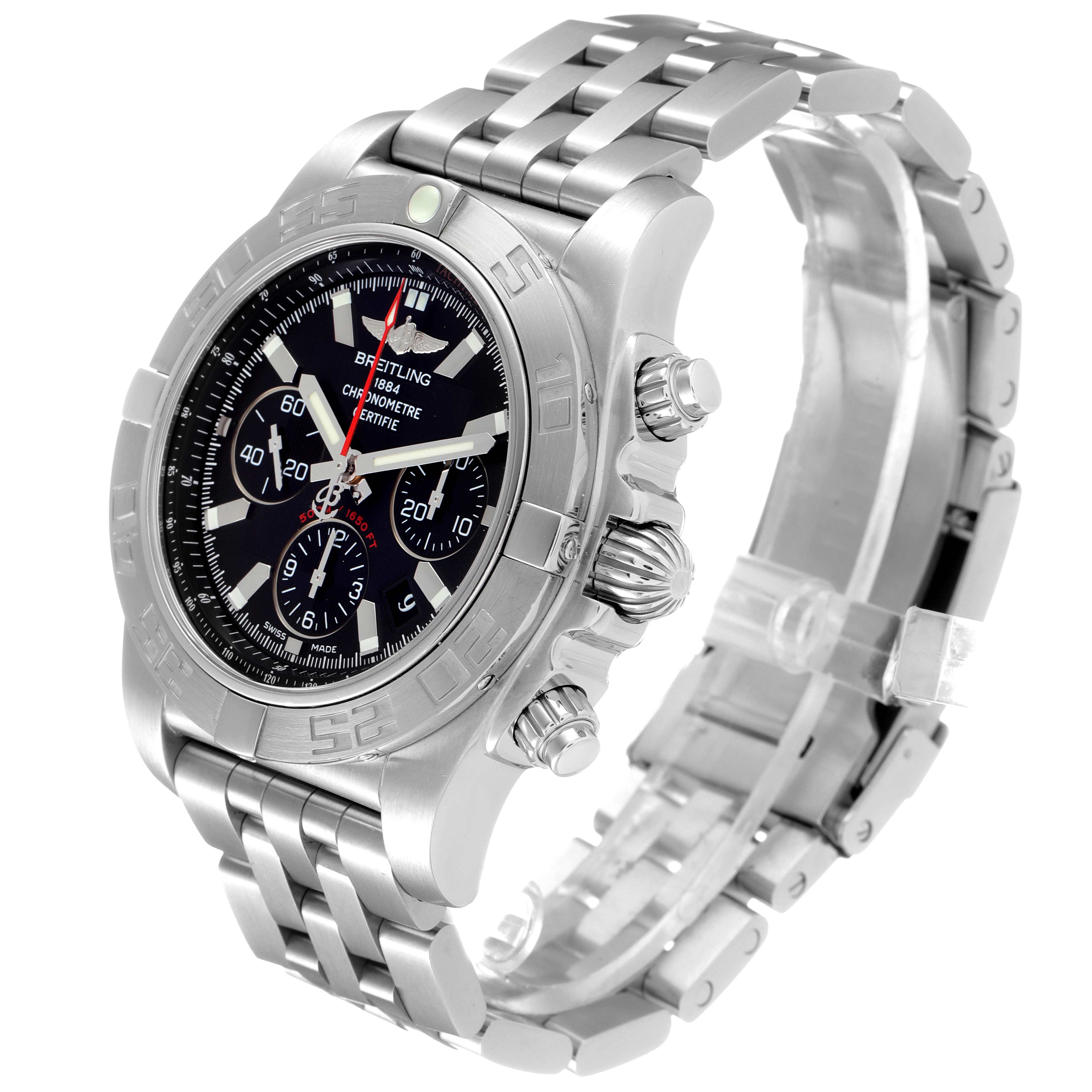 The image shows the front and right side of a Breitling Chronomat AB0110 Men
s Stainless Steel Black Dial AB0110 Men
s Stainless Steel Black Dial watch, highlighting its dial, bezel, and bracelet.