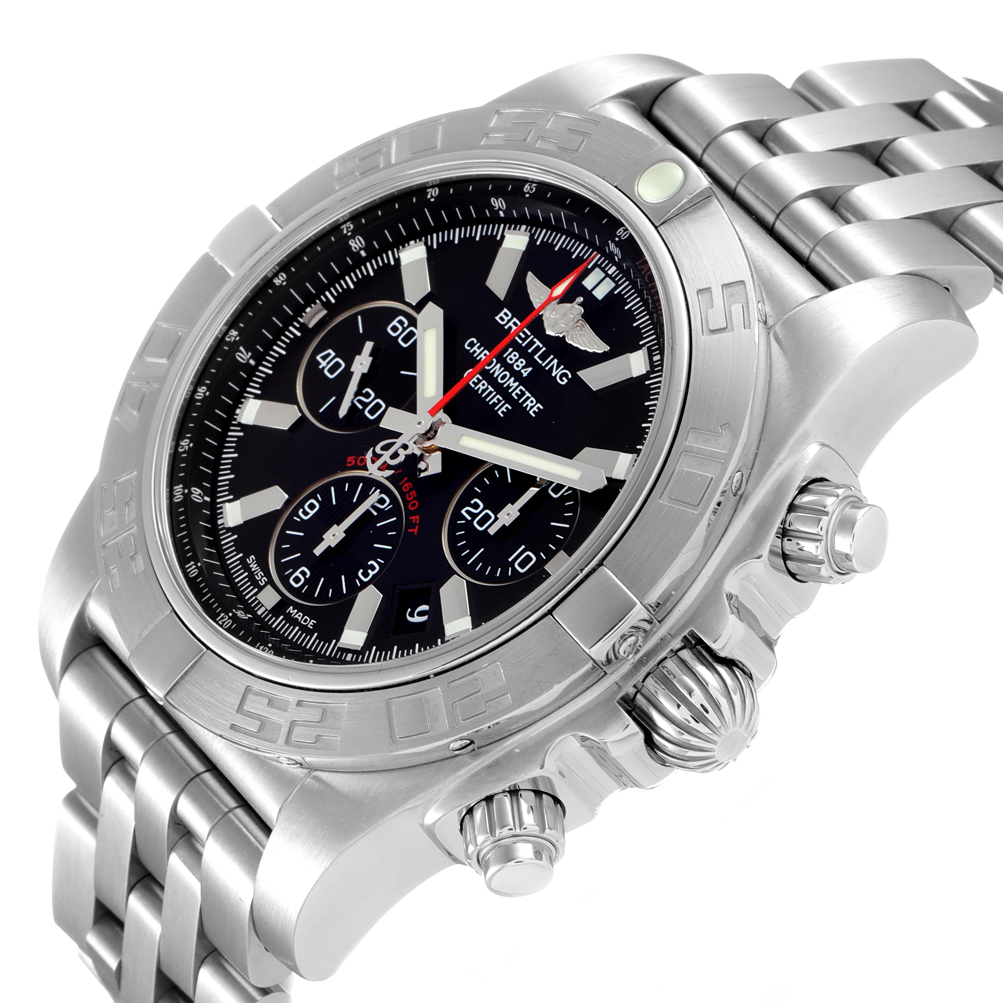 The image shows a Breitling Chronomat AB0110 Men
s Stainless Steel Black Dial AB0110 Men
s Stainless Steel Black Dial watch from an angled view, highlighting the face, bezel, pushers, and part of the metal bracelet.