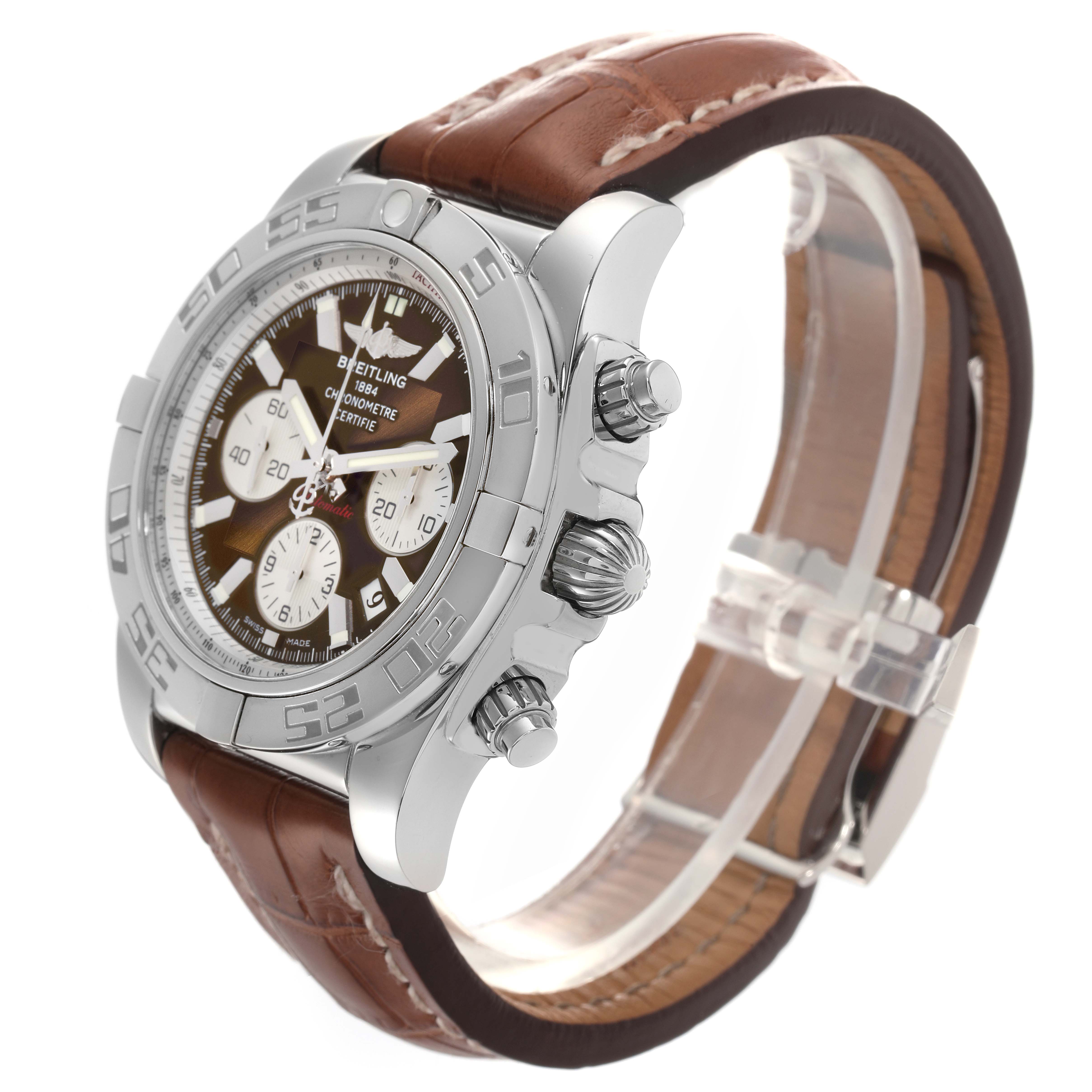 The Breitling Chronomat AB011012/Q575 Men
s Stainless Steel Brown Dial AB011012/Q575 Men
s Stainless Steel Brown Dial watch is shown at an angle highlighting the side, bezel, and brown leather strap.