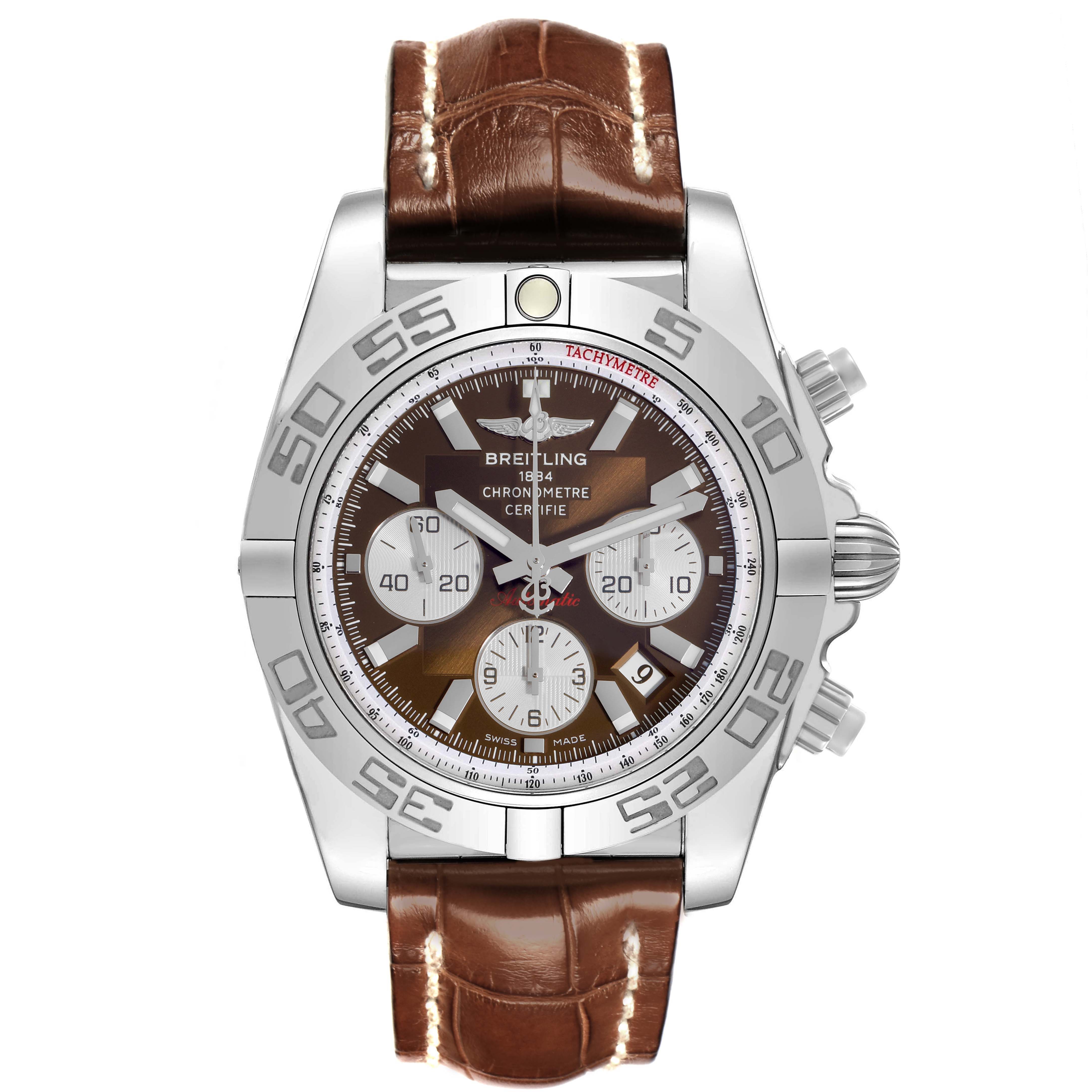 The Breitling Chronomat AB011012/Q575 Men
s Stainless Steel Brown Dial AB011012/Q575 Men
s Stainless Steel Brown Dial watch is shown from a front angle, highlighting its dial, bezel, and brown leather strap.