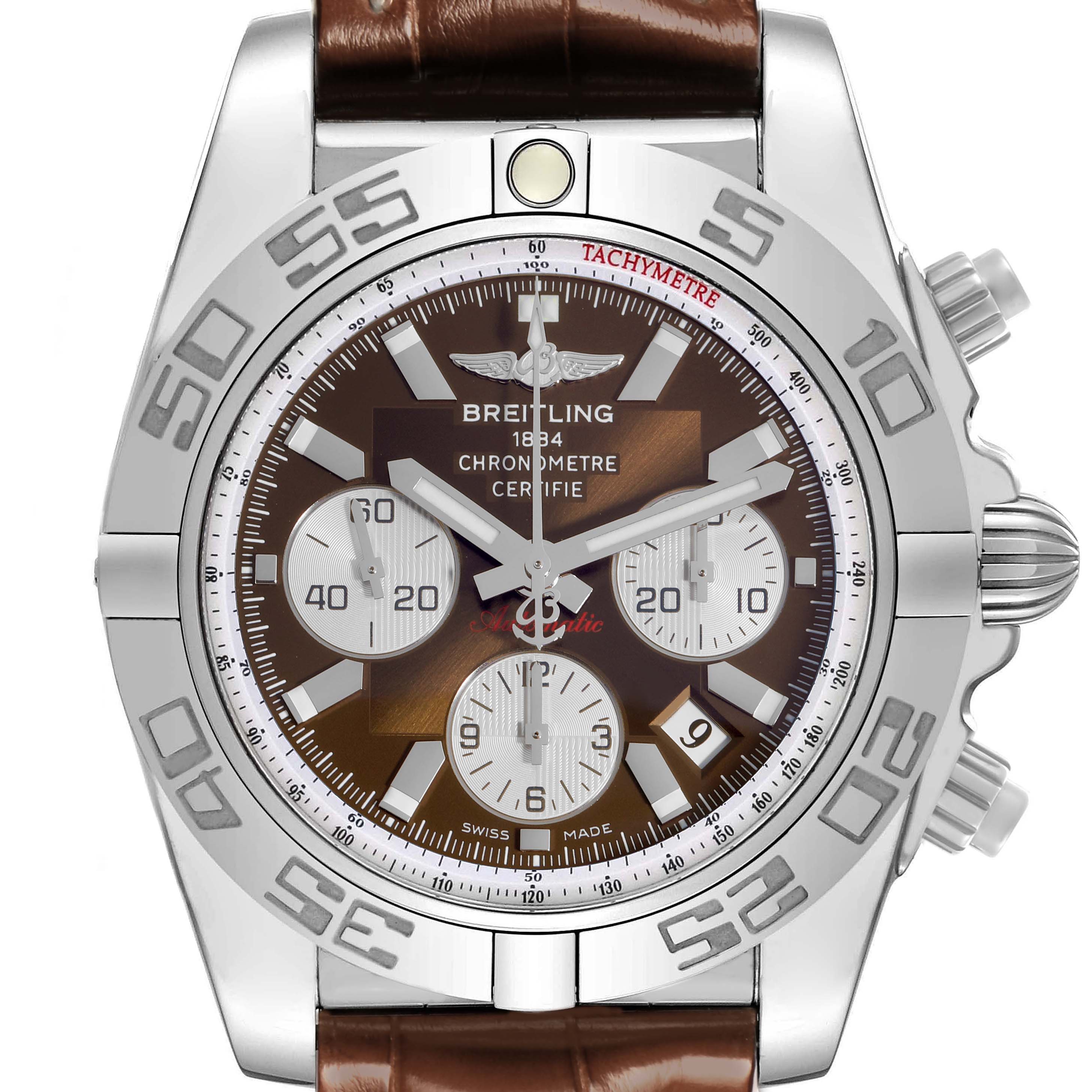 The Breitling Chronomat AB011012/Q575 Men
s Stainless Steel Brown Dial AB011012/Q575 Men
s Stainless Steel Brown Dial watch is shown from the front, highlighting the dial, bezel, and leather strap.