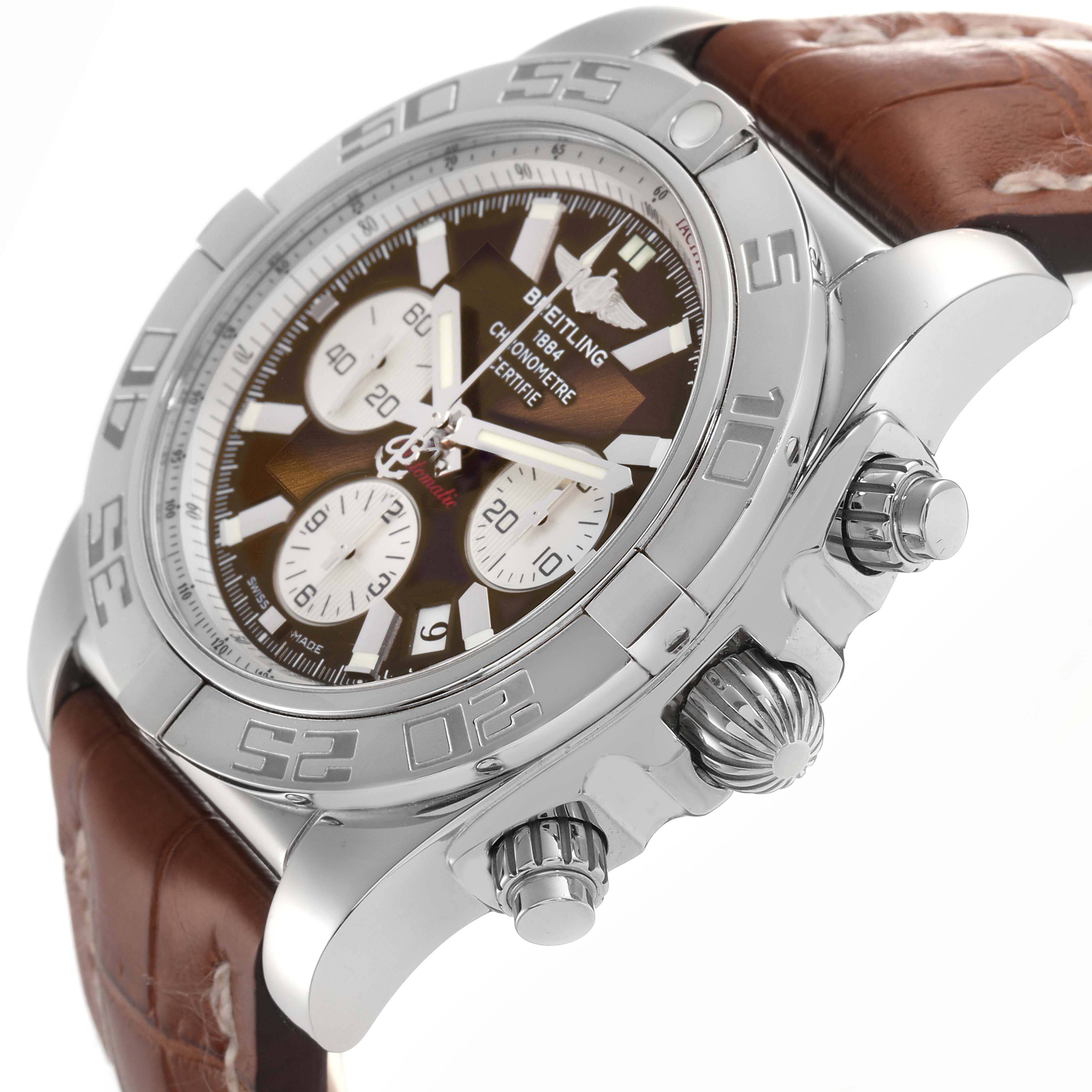 The Breitling Chronomat AB011012/Q575 Men
s Stainless Steel Brown Dial AB011012/Q575 Men
s Stainless Steel Brown Dial watch is shown from a side angle, highlighting its bezel, case, crown, and pushers.