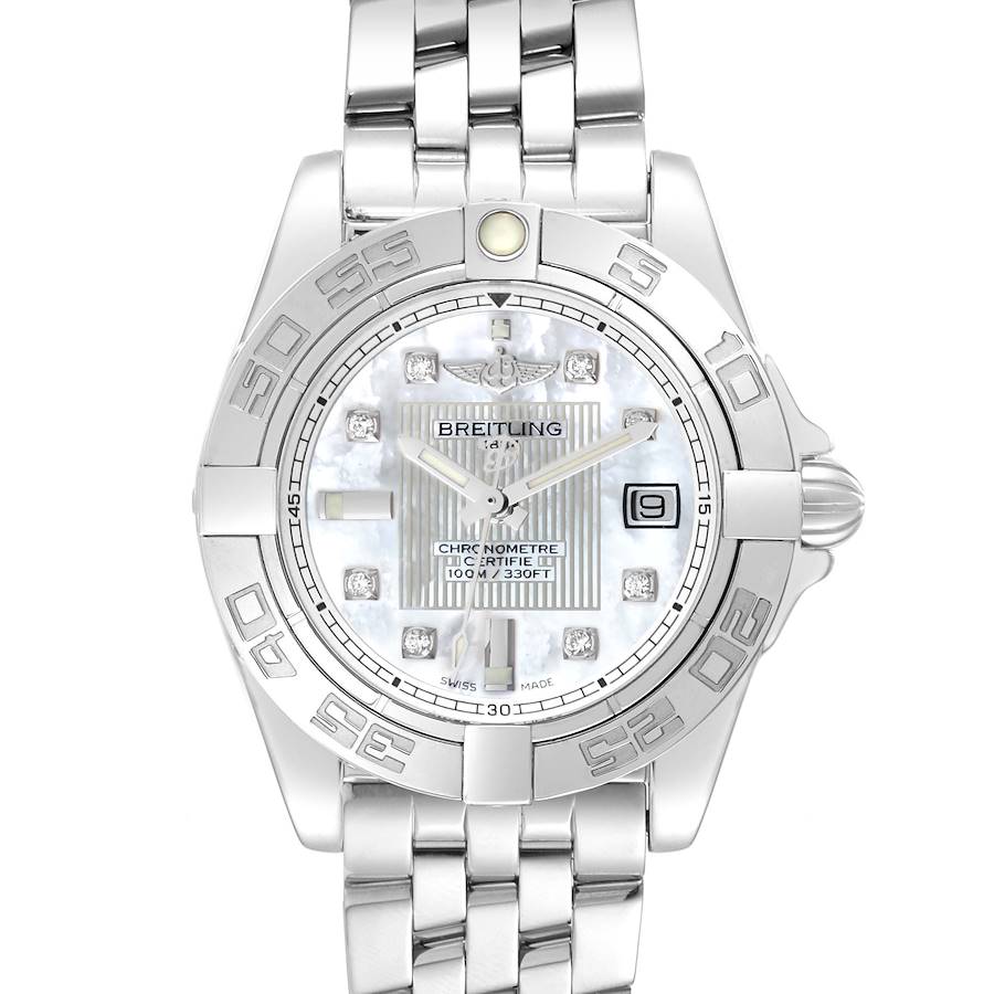 The image shows a front view of the Breitling Galactic Cockpit Mother of Pearl Diamond Steel Ladies Watch A71356, highlighting its face and bracelet.