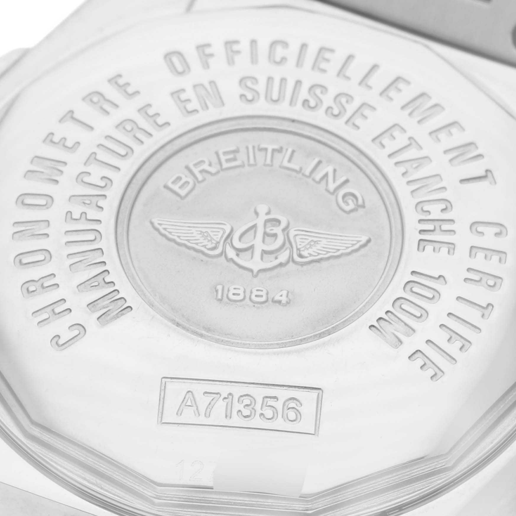 The image shows a close-up of the case back of the Breitling A71356 Women's Stainless Steel Mother of Pearl Dial A71356 Women's Stainless Steel Mother of Pearl Dial Galactic Cockpit Mother of Pearl Diamond Steel Ladies Watch A71356.