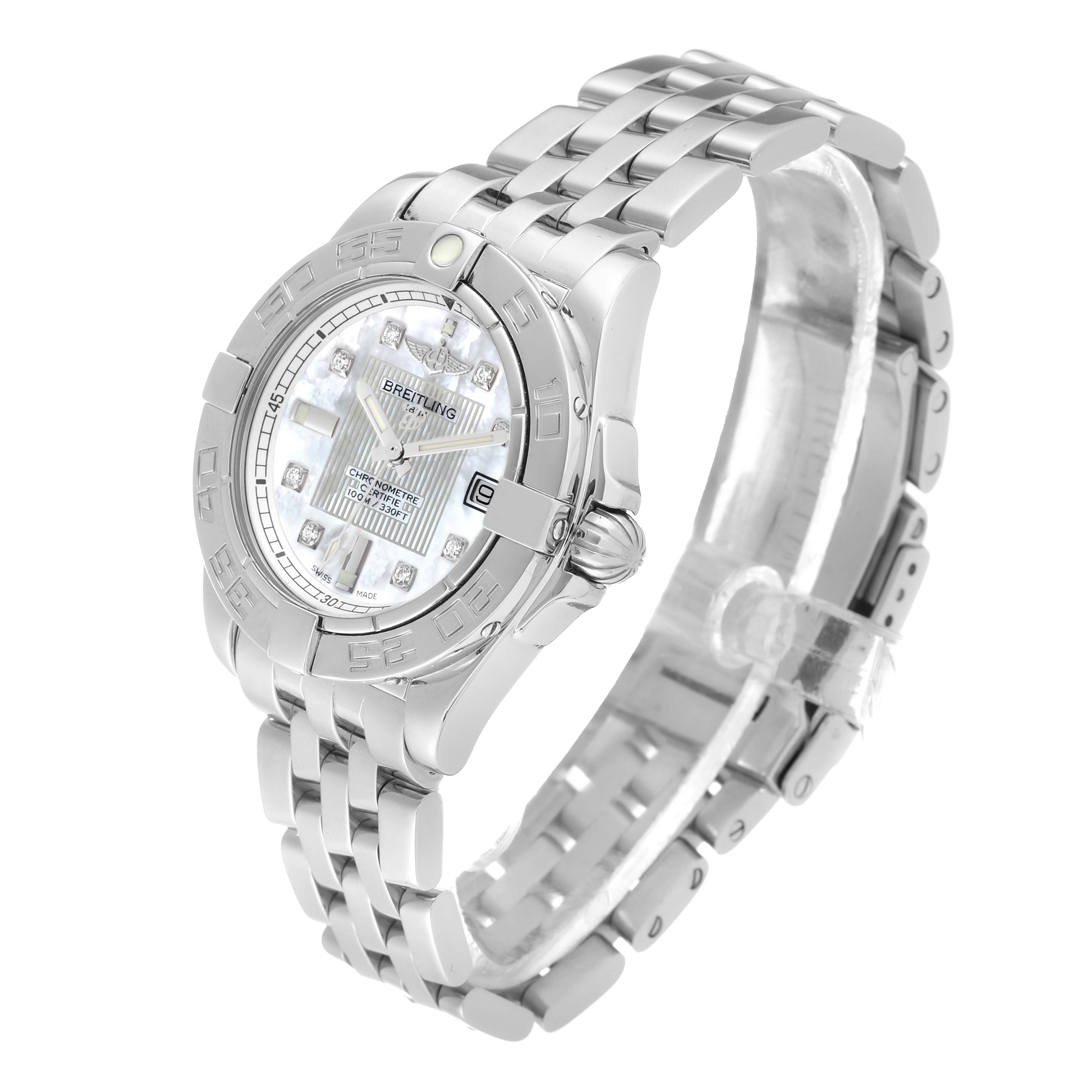 The image shows a Breitling A71356 Women's Stainless Steel Mother of Pearl Dial A71356 Women's Stainless Steel Mother of Pearl Dial Galactic Cockpit Mother of Pearl Diamond Steel Ladies Watch A71356 from a three-quarter angle.