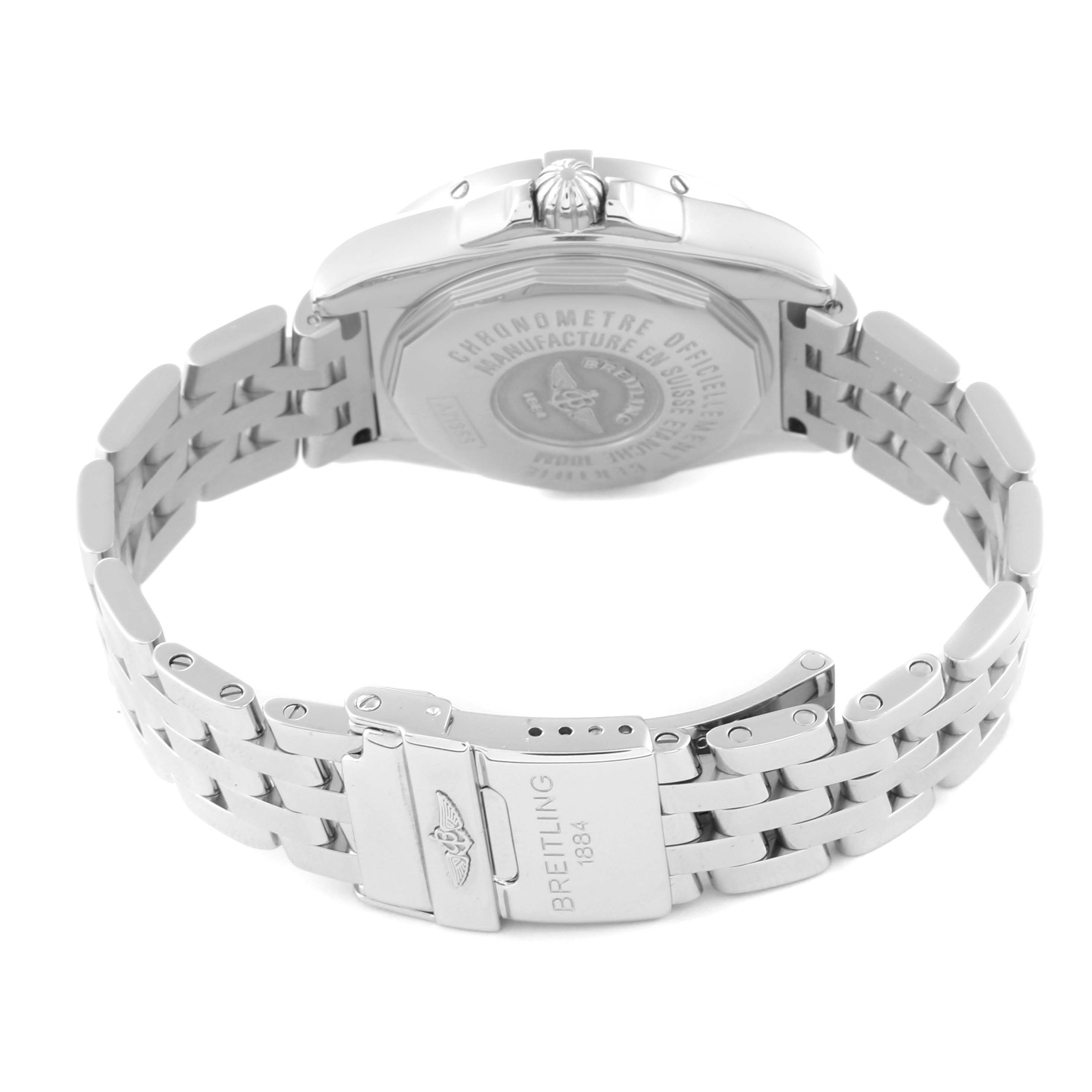 This image shows the back and clasp of the Breitling A71356 Women's Stainless Steel Mother of Pearl Dial A71356 Women's Stainless Steel Mother of Pearl Dial Galactic Cockpit Mother of Pearl Diamond Steel Ladies Watch A71356.