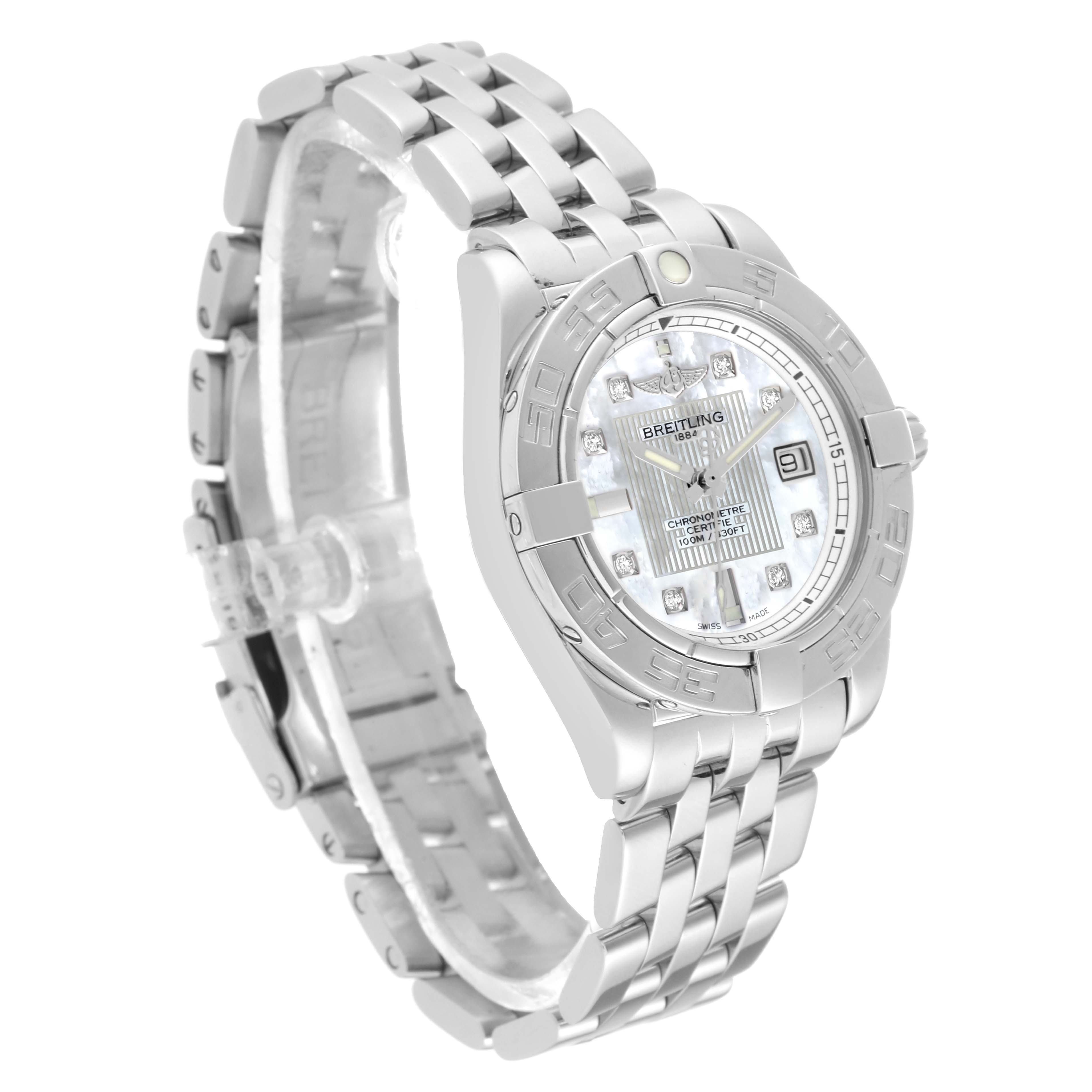 The image shows a left side angle view of the Breitling A71356 Women's Stainless Steel Mother of Pearl Dial A71356 Women's Stainless Steel Mother of Pearl Dial Galactic Cockpit A71356 model, displaying the face, bezel, and metal bracelet.