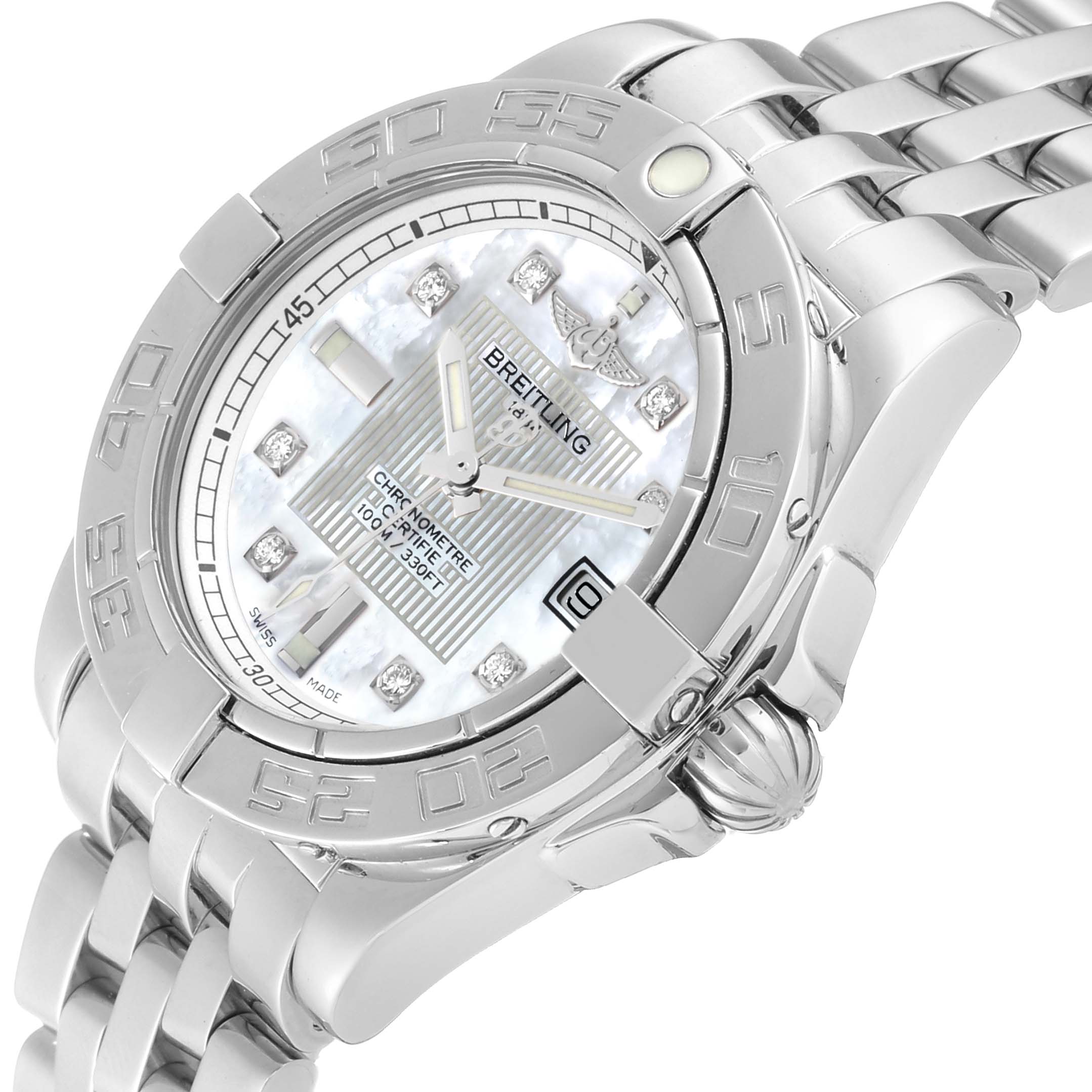 This Breitling A71356 Women's Stainless Steel Mother of Pearl Dial A71356 Women's Stainless Steel Mother of Pearl Dial Galactic Cockpit Mother of Pearl Diamond Steel Ladies Watch A71356 is shown from a tilted angle, highlighting the face, bezel, and bracelet.