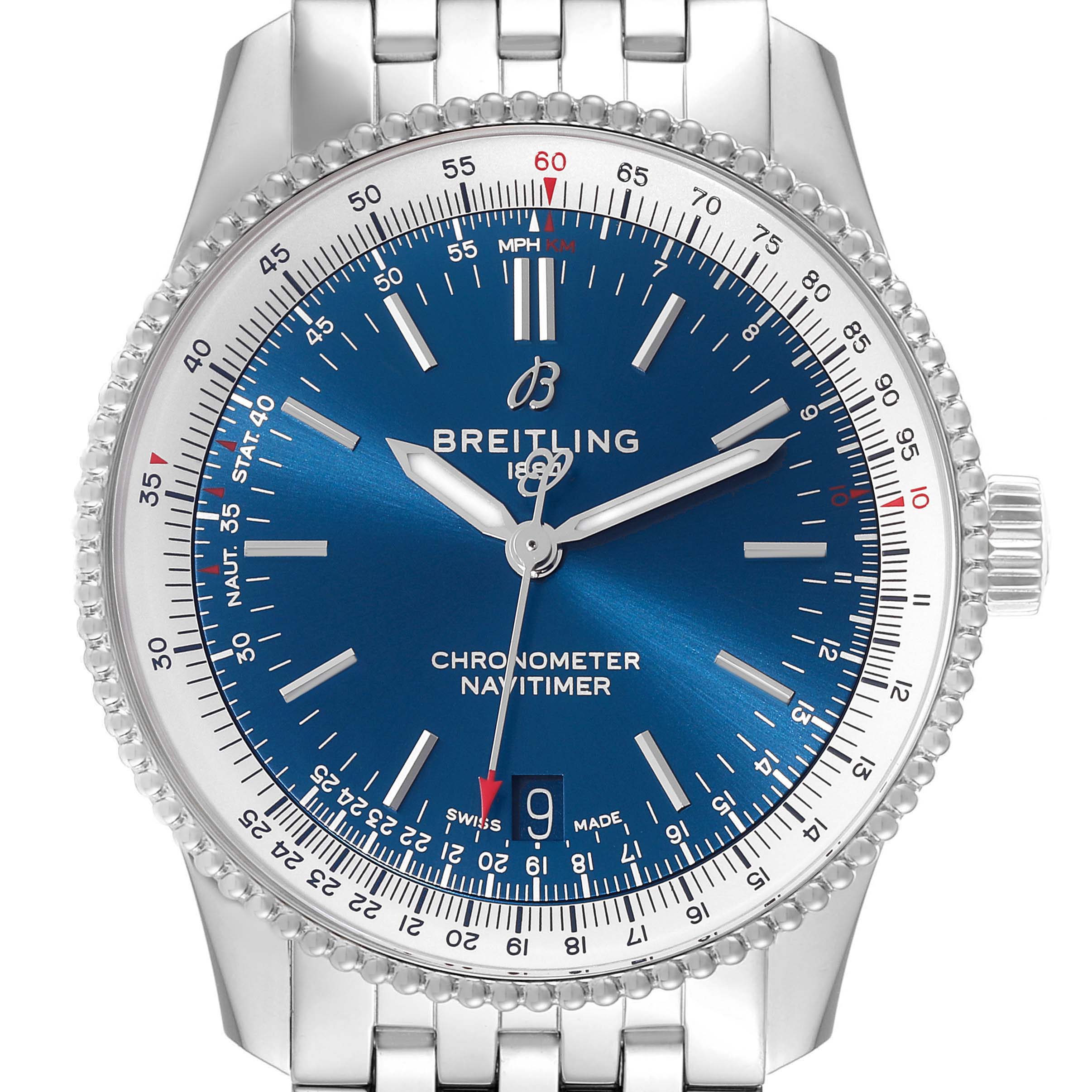 This image shows a straight-on view of a Breitling Navitimer A17325 Men
s Stainless Steel Blue Dial A17325 Men
s Stainless Steel Blue Dial Chronometer with a blue dial and silver metal bracelet.