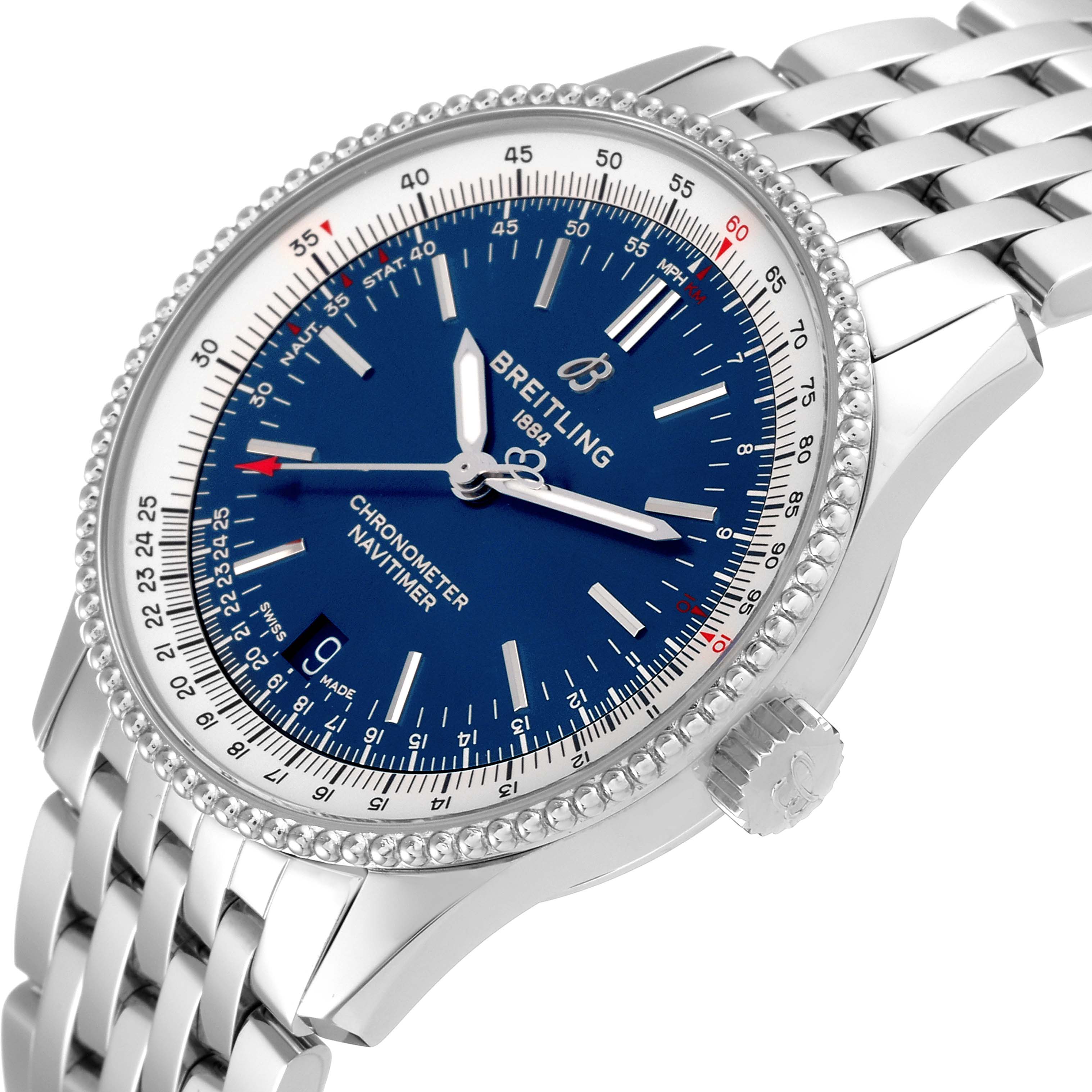 This Breitling Navitimer A17325 Men
s Stainless Steel Blue Dial A17325 Men
s Stainless Steel Blue Dial model watch is shown at an angle displaying the face, crown, bezel, and part of the metal bracelet.