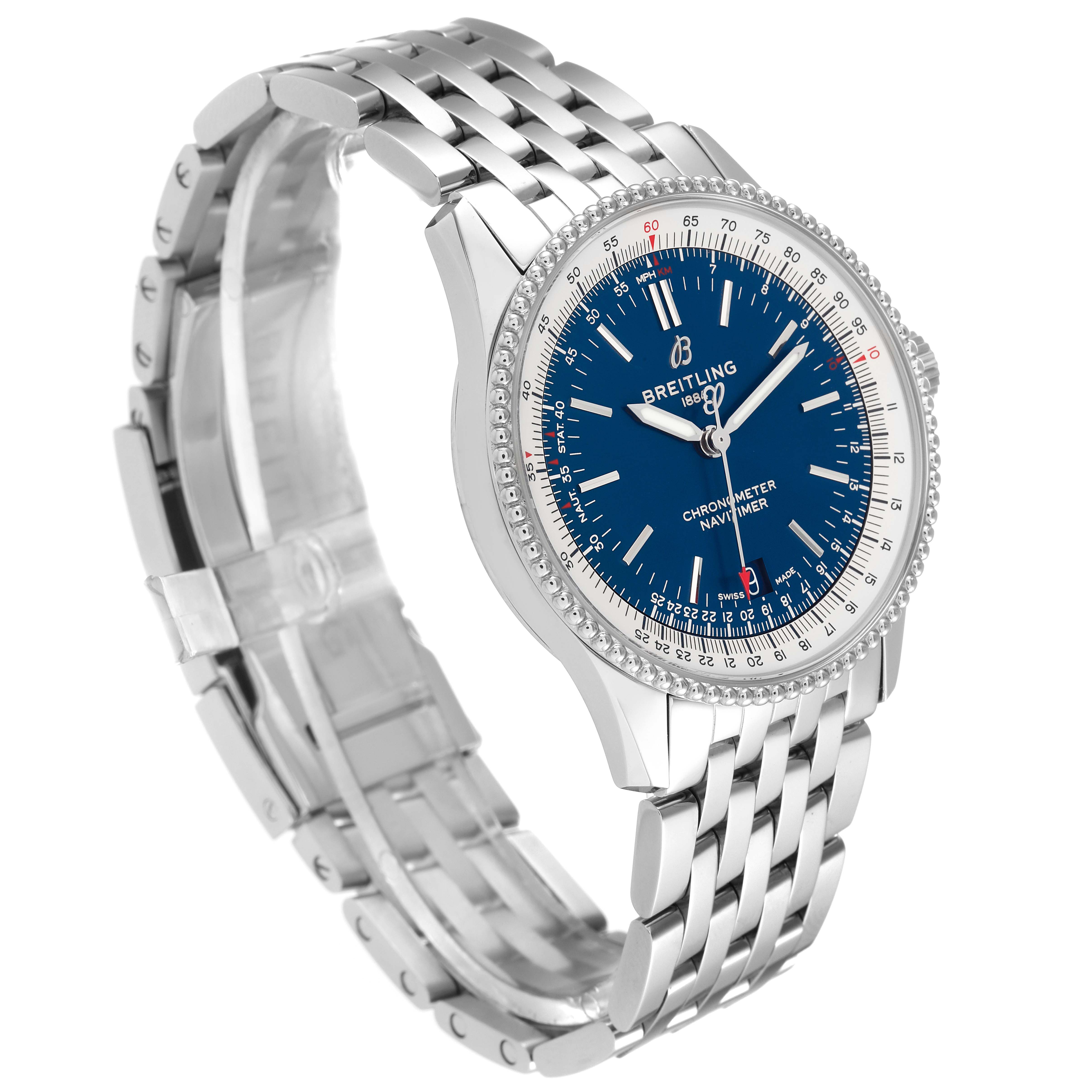The Breitling Navitimer A17325 Men
s Stainless Steel Blue Dial A17325 Men
s Stainless Steel Blue Dial watch is shown at a three-quarter angle, featuring its blue dial, bezel, and metal bracelet.