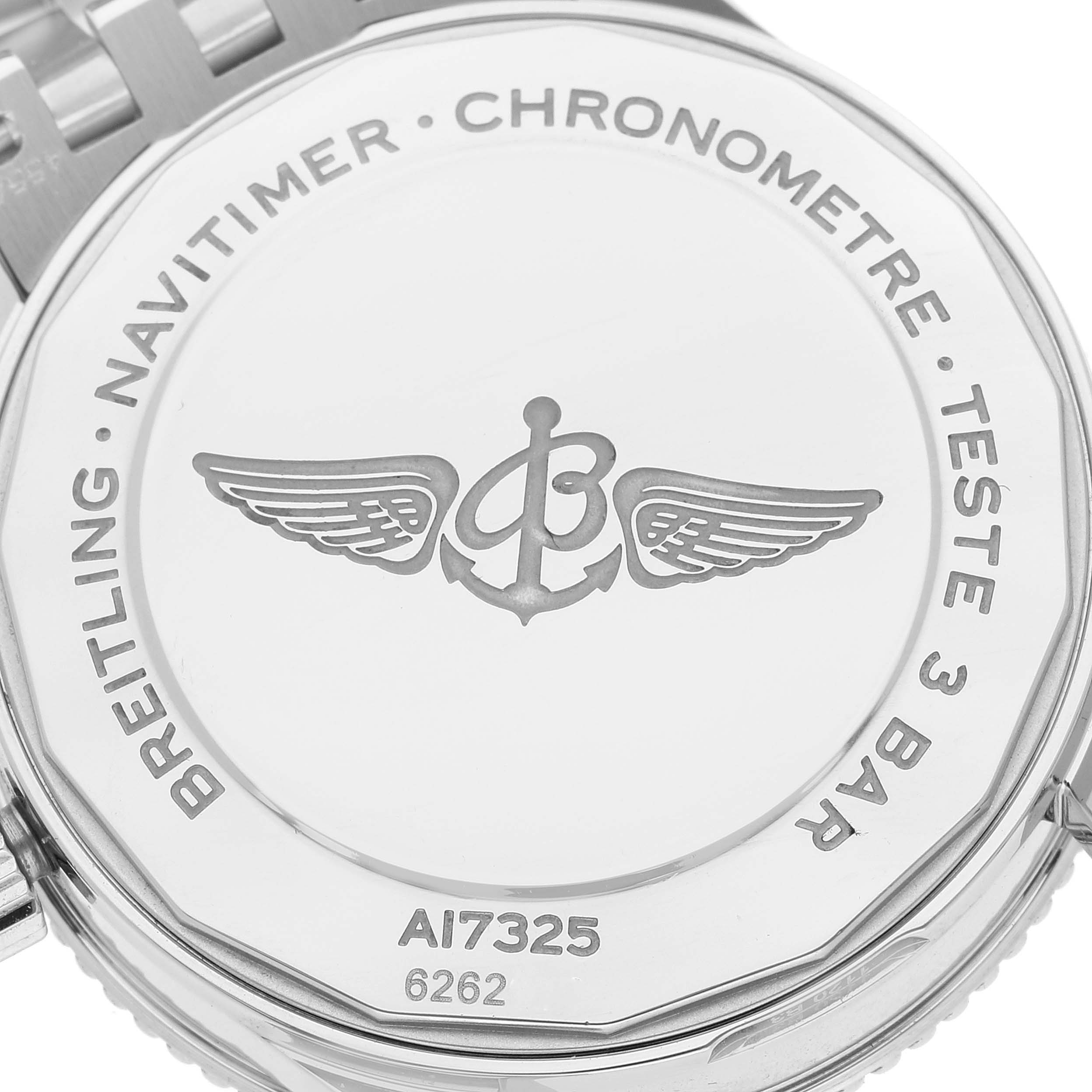 The image shows the back case of a Breitling Navitimer A17325 Men
s Stainless Steel Blue Dial A17325 Men
s Stainless Steel Blue Dial watch, displaying the model number and logo.