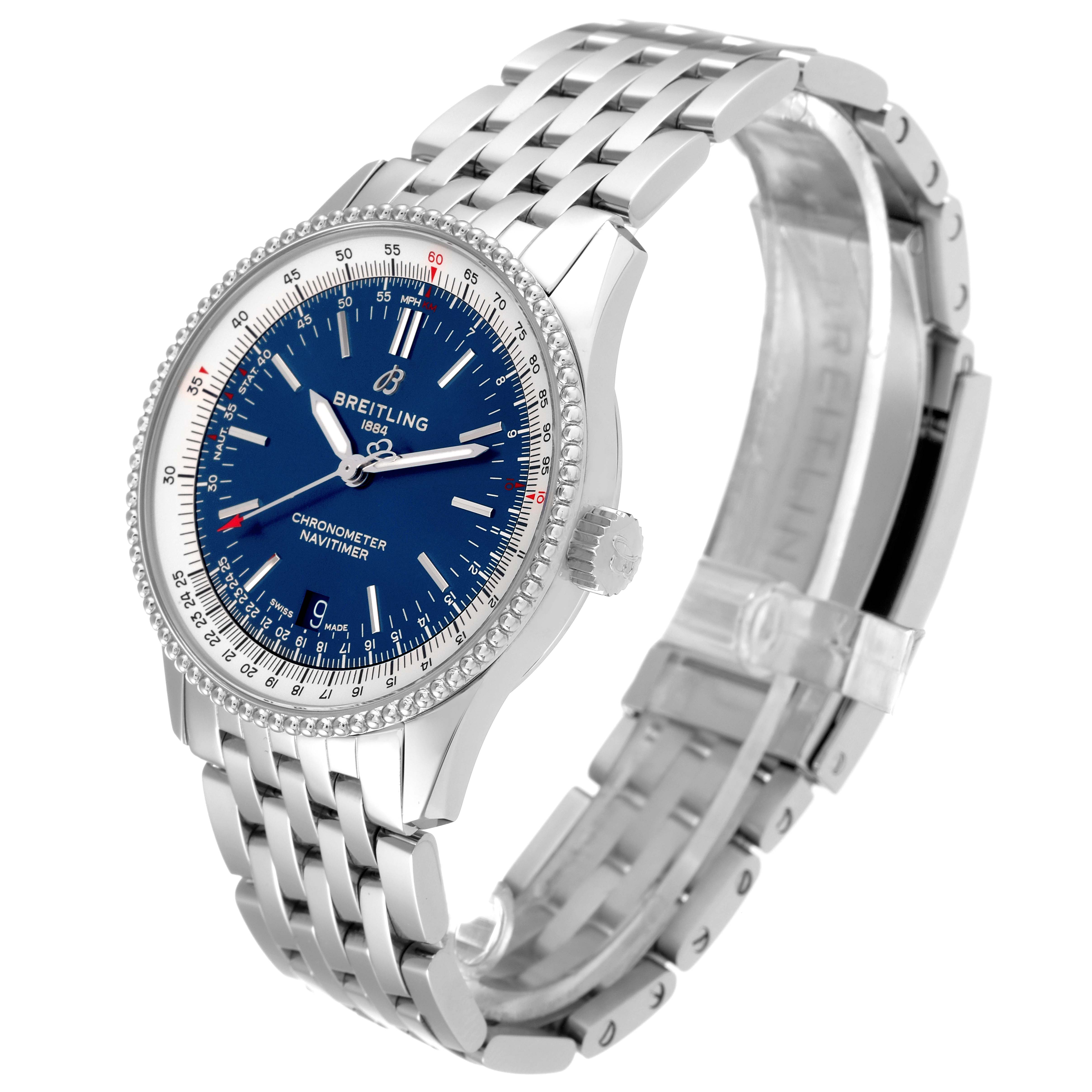 The image shows a Breitling Navitimer A17325 Men
s Stainless Steel Blue Dial A17325 Men
s Stainless Steel Blue Dial watch at an angled side view, highlighting its blue dial, bezel, crown, and metal bracelet.
