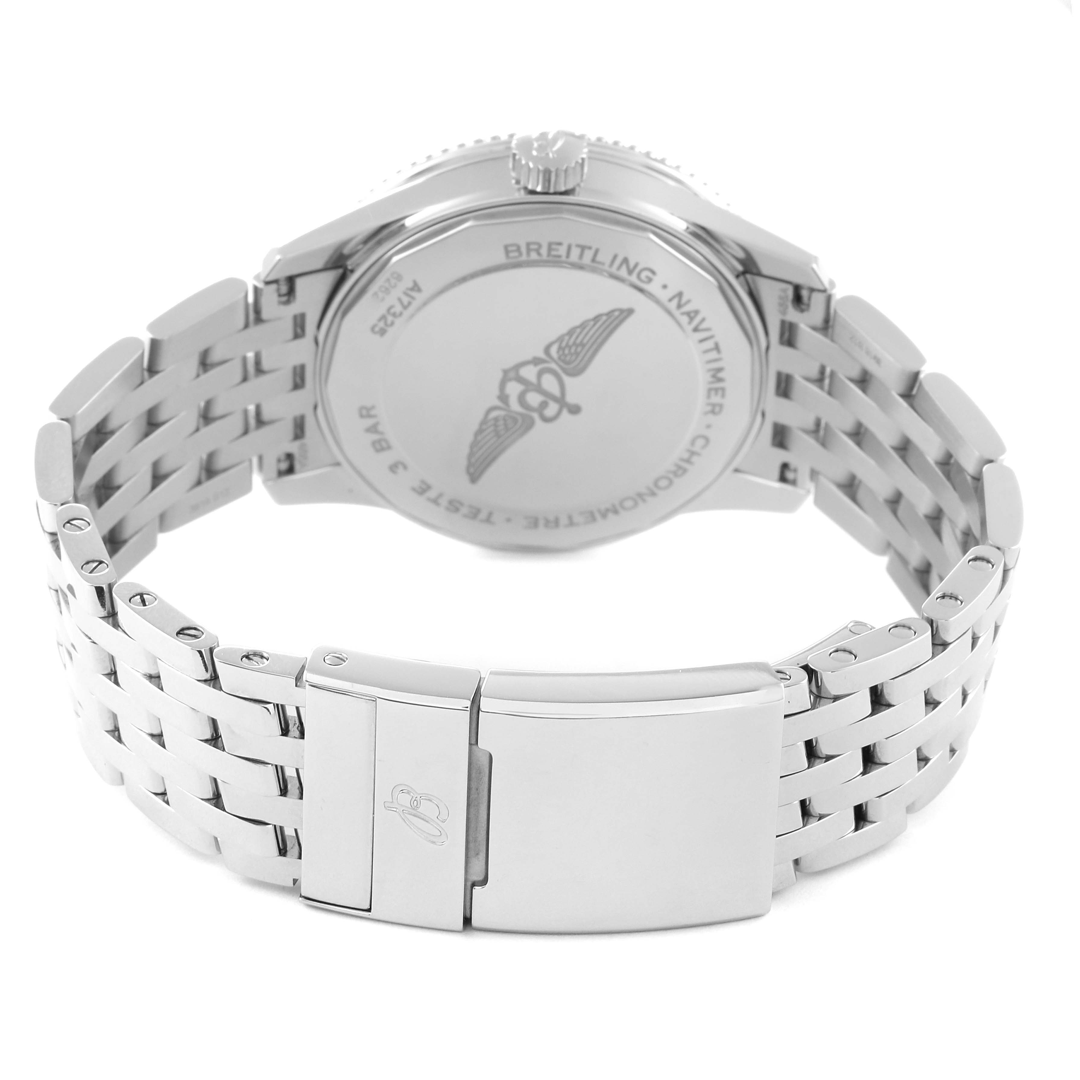 The image shows the back of the Breitling Navitimer A17325 Men
s Stainless Steel Blue Dial A17325 Men
s Stainless Steel Blue Dial watch, highlighting the case back and metal bracelet with the clasp.