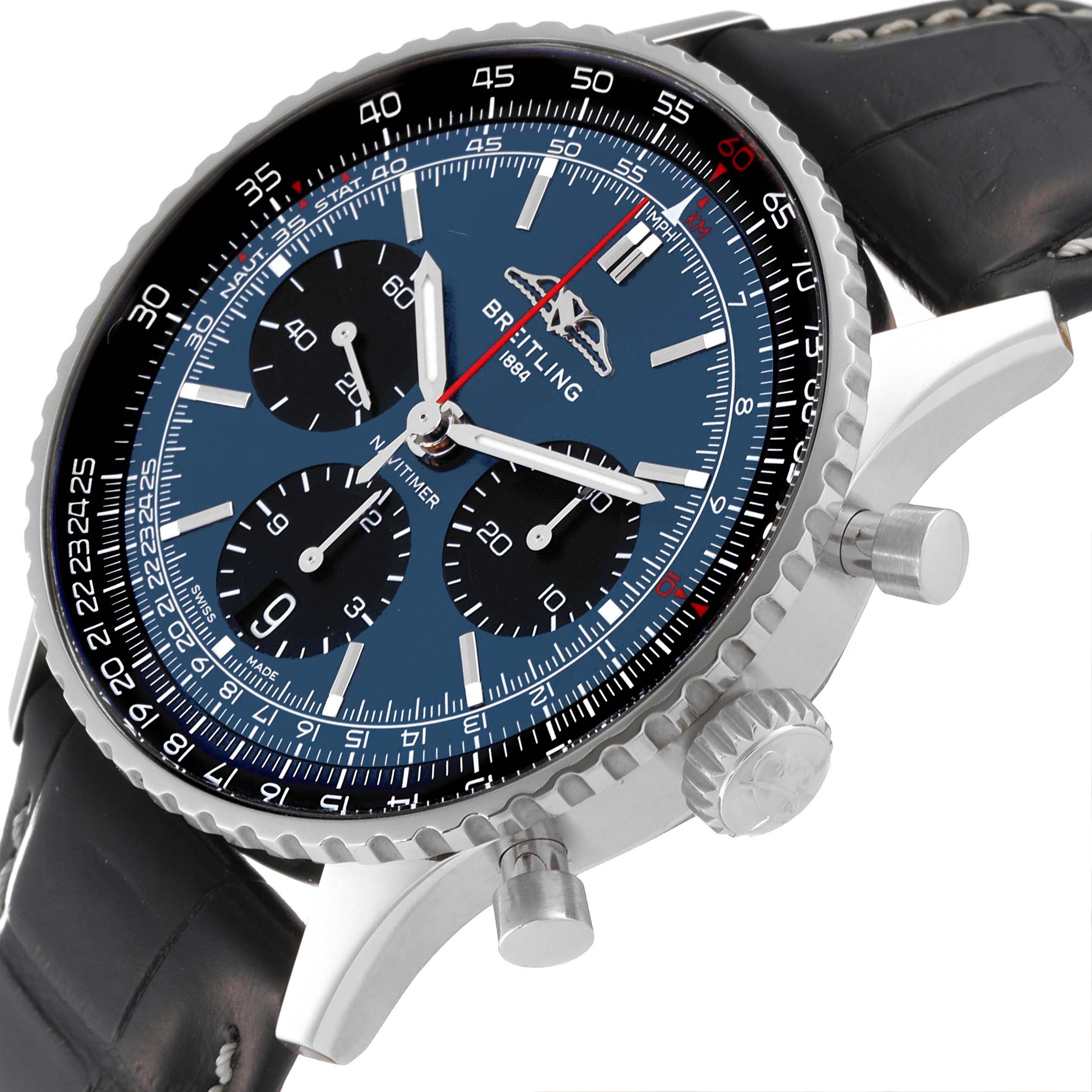 The Breitling Navitimer AB0139241C1A1 Men's Stainless Steel Blue Dial AB0139241C1A1 Men's Stainless Steel Blue Dial watch is shown at an angled side view, highlighting the dial, bezel, pushers, and crown.