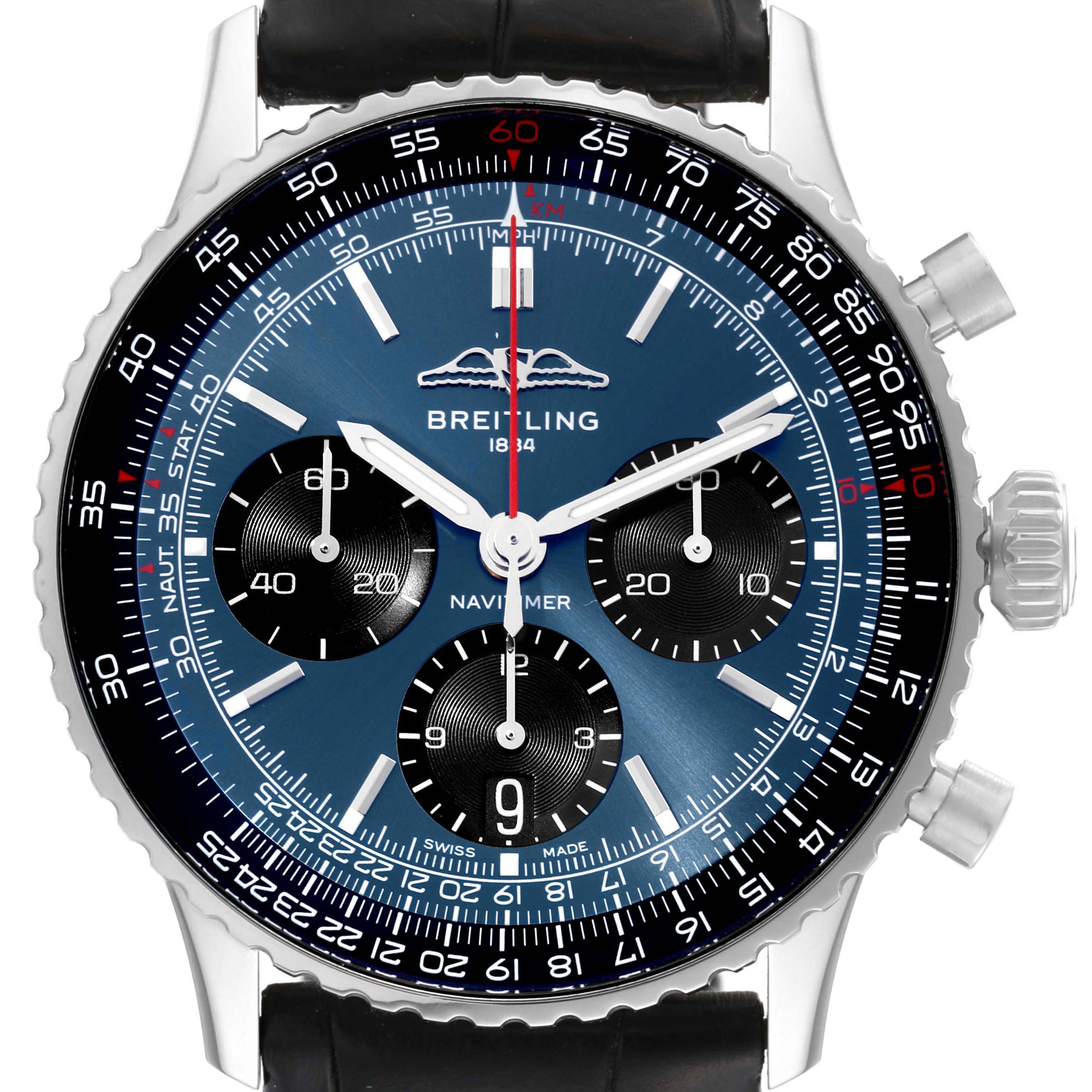 The Breitling Navitimer AB0139241C1A1 Men's Stainless Steel Blue Dial AB0139241C1A1 Men's Stainless Steel Blue Dial watch is shown from a front view, displaying its dial, bezel, sub-dials, and crown.