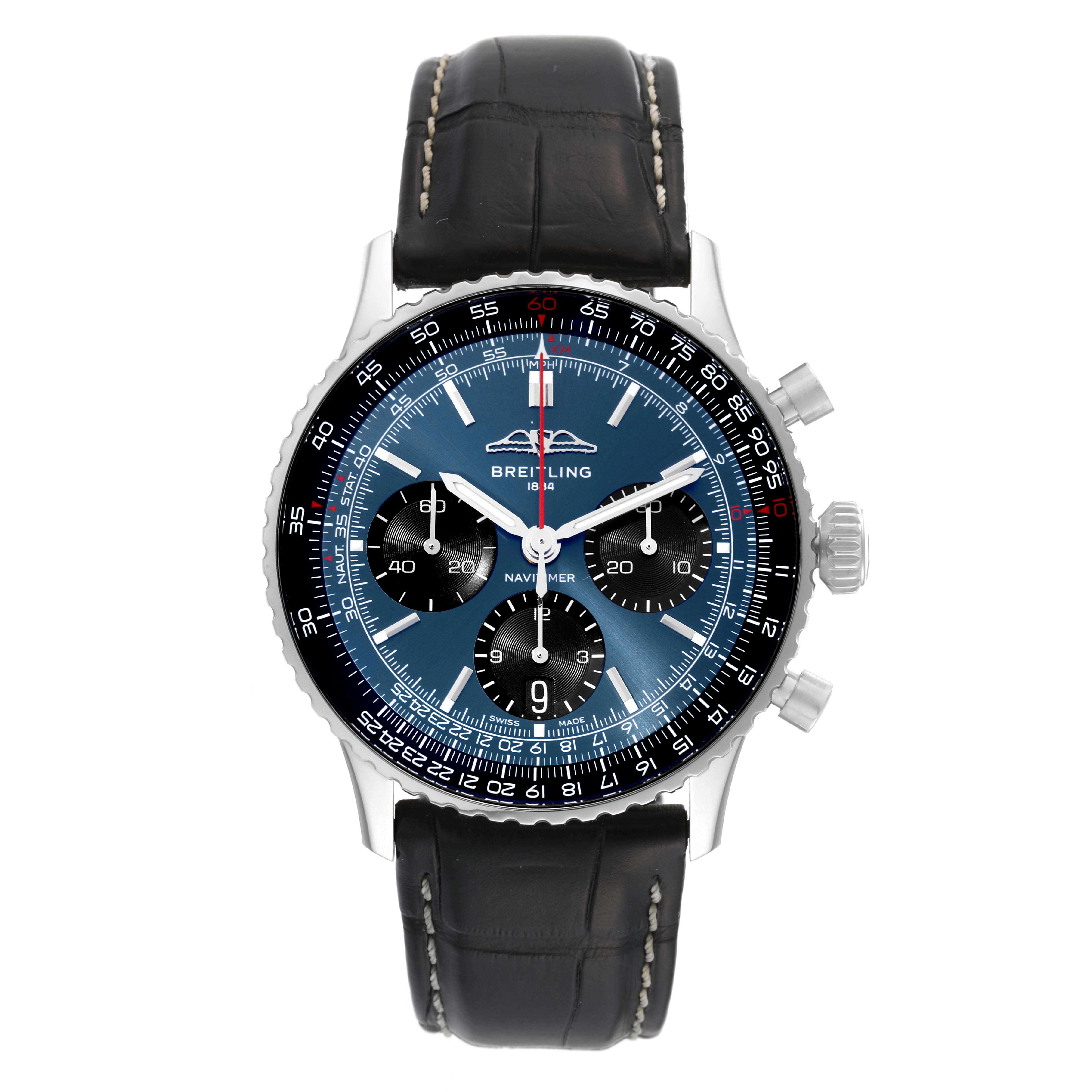 The Breitling Navitimer AB0139241C1A1 Men's Stainless Steel Blue Dial AB0139241C1A1 Men's Stainless Steel Blue Dial watch is shown from the front, highlighting its face, bezel, pushers, and leather strap.