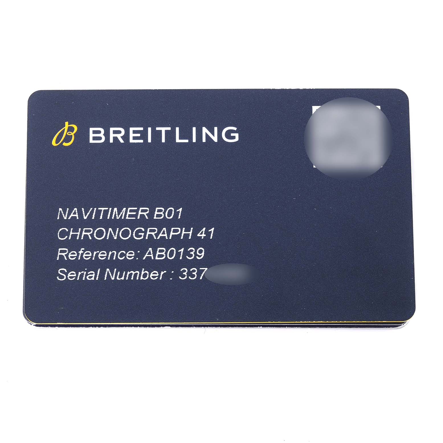 This image shows a warranty card for the Breitling Navitimer AB0139241C1A1 Men's Stainless Steel Blue Dial AB0139241C1A1 Men's Stainless Steel Blue Dial B01 Chronograph 41 with reference and serial numbers.