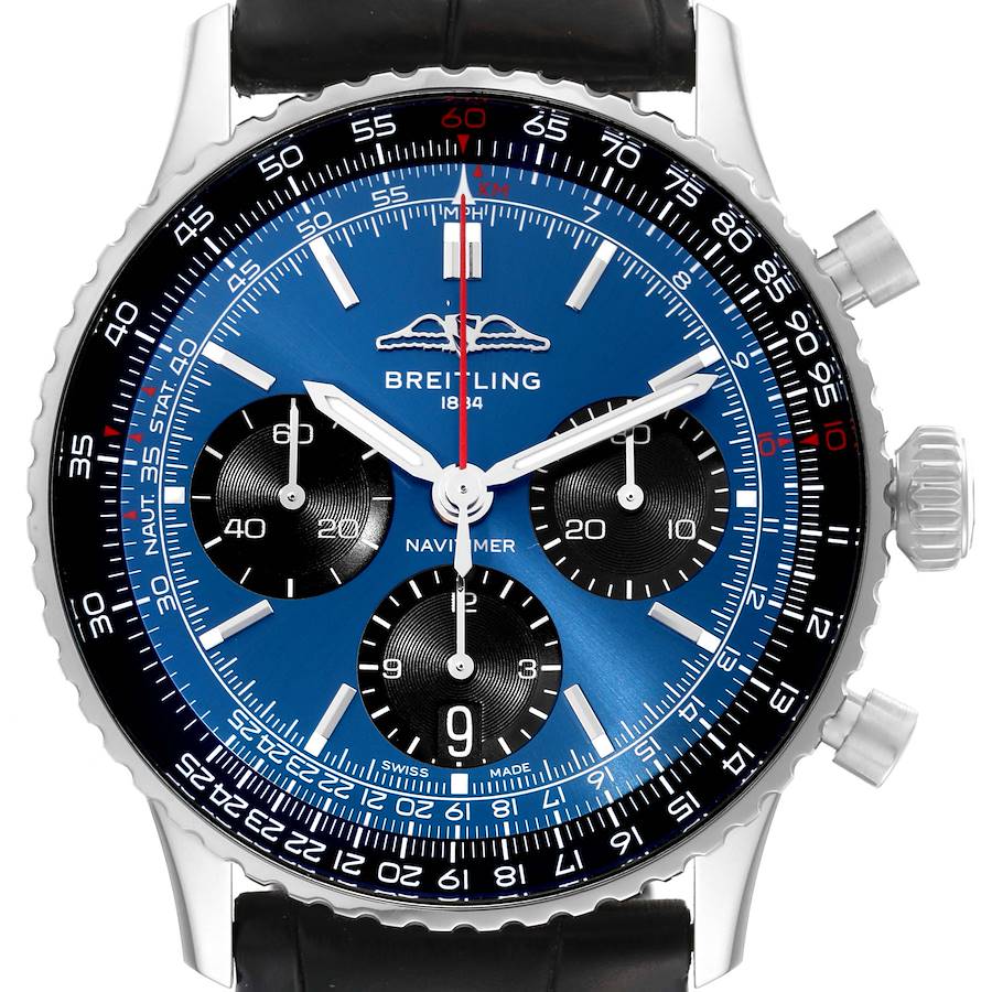 The image shows a close-up of the Breitling Navitimer watch, highlighting its blue dial, chronograph subdials, and bezel.