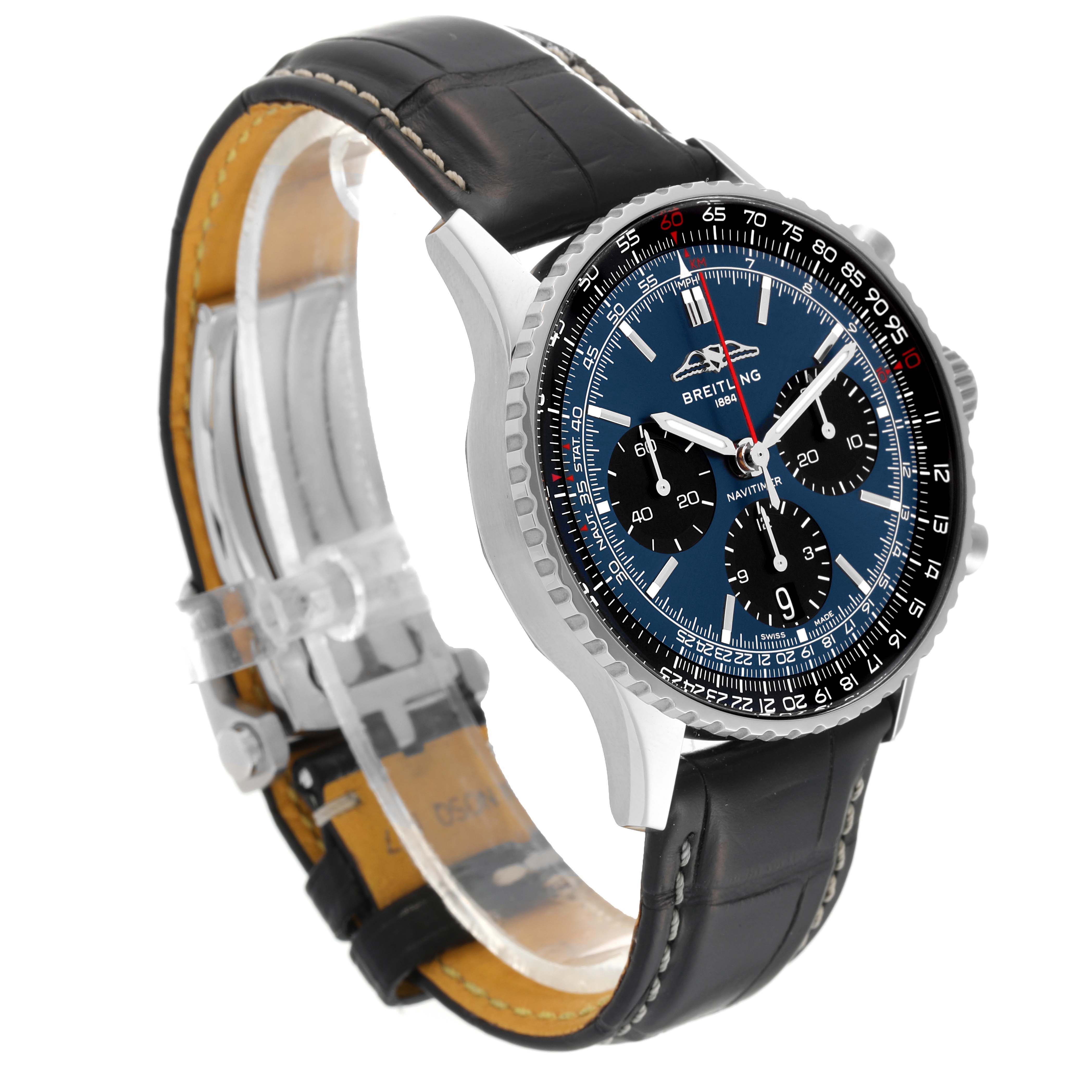 The Breitling Navitimer AB0139241C1A1 Men's Stainless Steel Blue Dial AB0139241C1A1 Men's Stainless Steel Blue Dial watch is shown at a three-quarter angle, displaying its dial, case, bezel, and black leather strap.