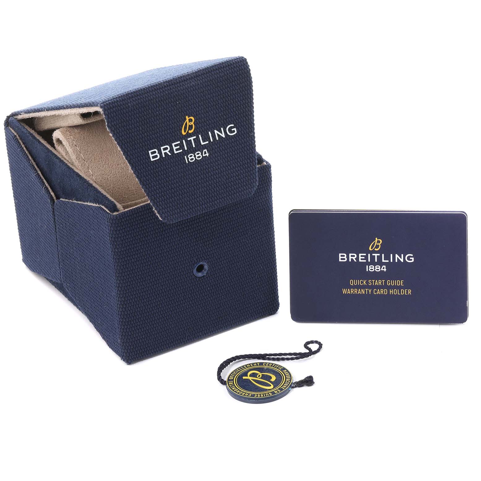 The image shows the packaging, quick start guide, warranty card holder, and tag for a Breitling Navitimer AB0139241C1A1 Men's Stainless Steel Blue Dial AB0139241C1A1 Men's Stainless Steel Blue Dial watch.