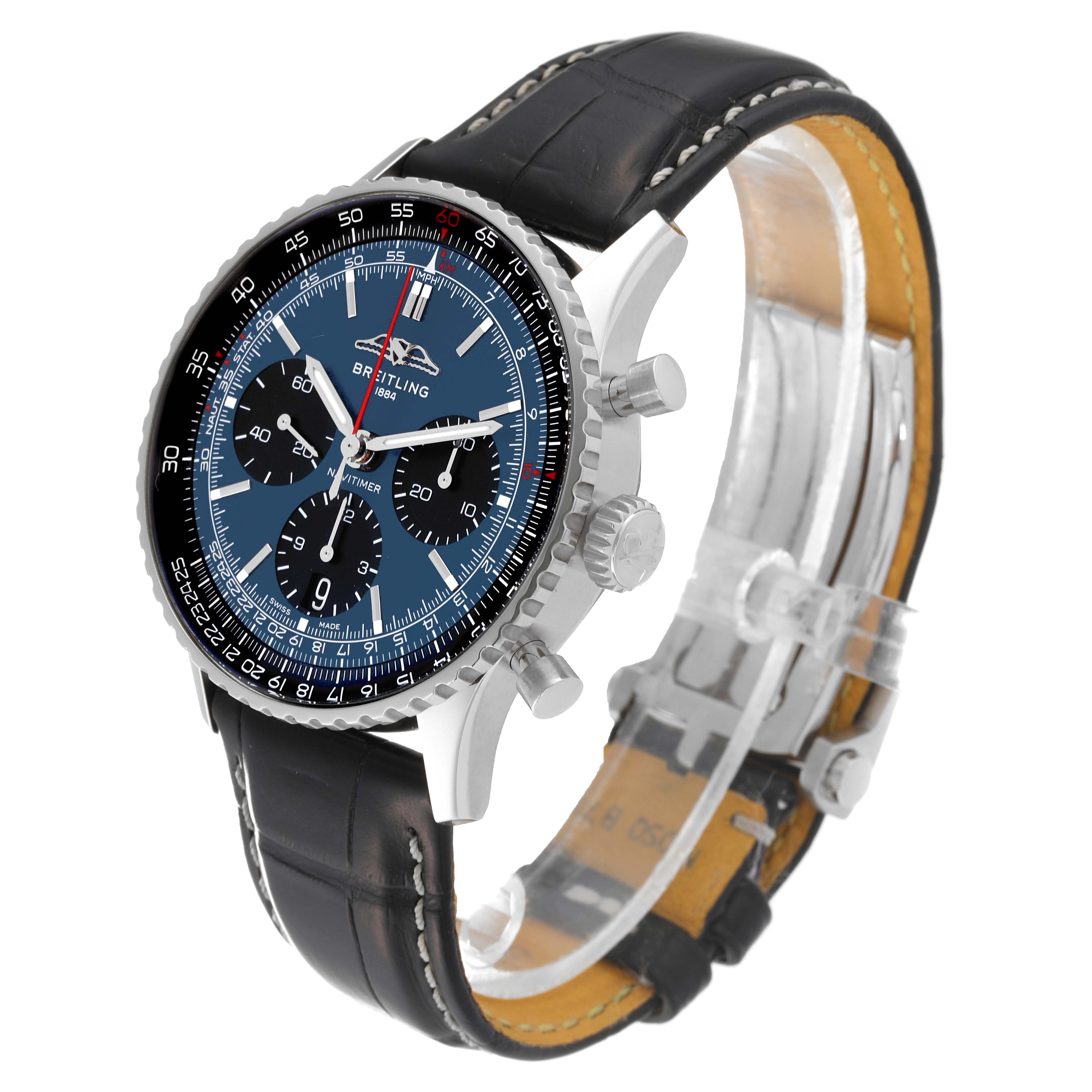 The Breitling Navitimer AB0139241C1A1 Men's Stainless Steel Blue Dial AB0139241C1A1 Men's Stainless Steel Blue Dial watch is shown at a three-quarter angle, displaying the face, bezel, crown, pushers, and leather strap.
