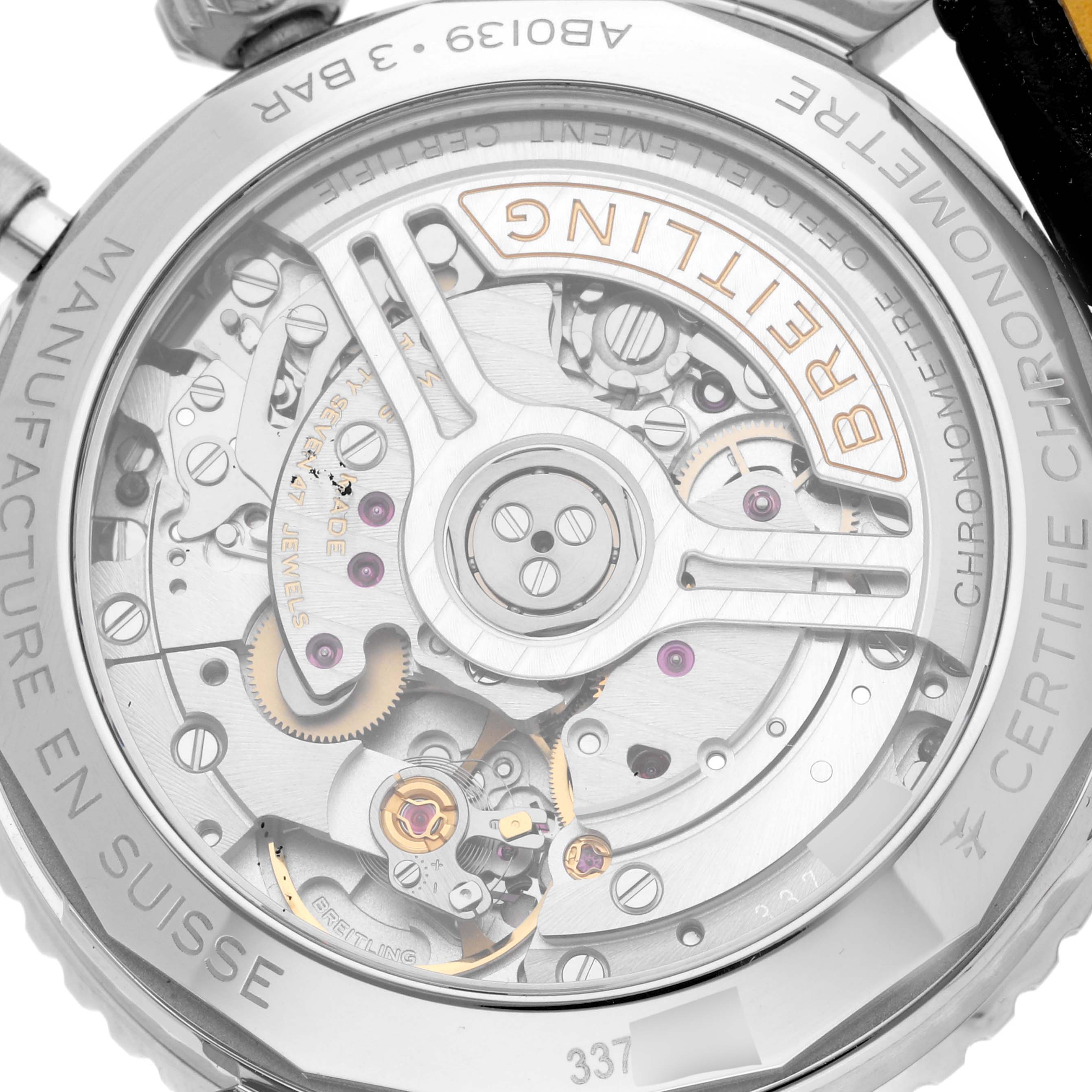 The image shows the back view of a Breitling Navitimer AB0139241C1A1 Men's Stainless Steel Blue Dial AB0139241C1A1 Men's Stainless Steel Blue Dial watch, highlighting its intricate mechanical movement.