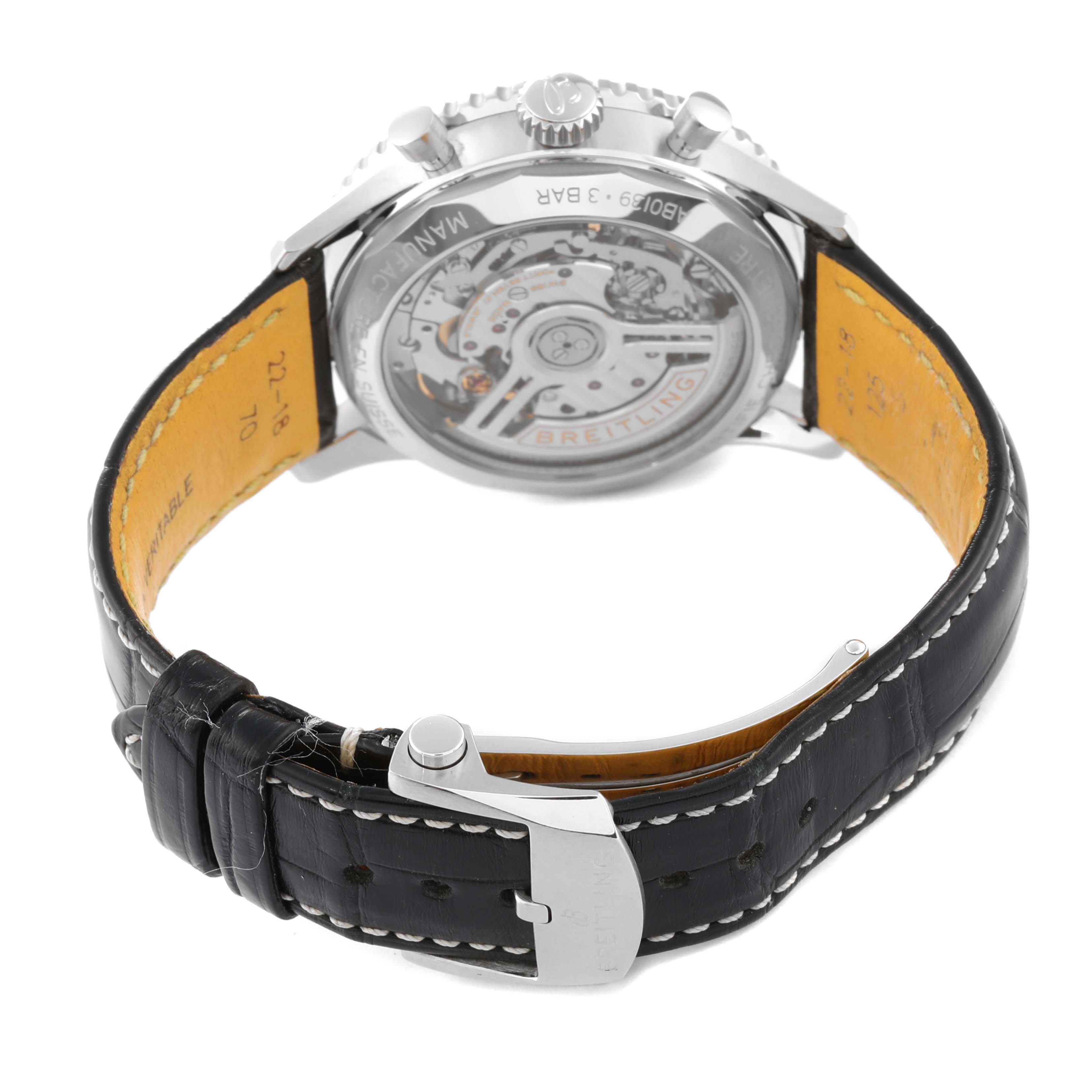 The image shows the rear view of a Breitling Navitimer AB0139241C1A1 Men's Stainless Steel Blue Dial AB0139241C1A1 Men's Stainless Steel Blue Dial watch, highlighting the transparent case back and leather strap with a clasp.