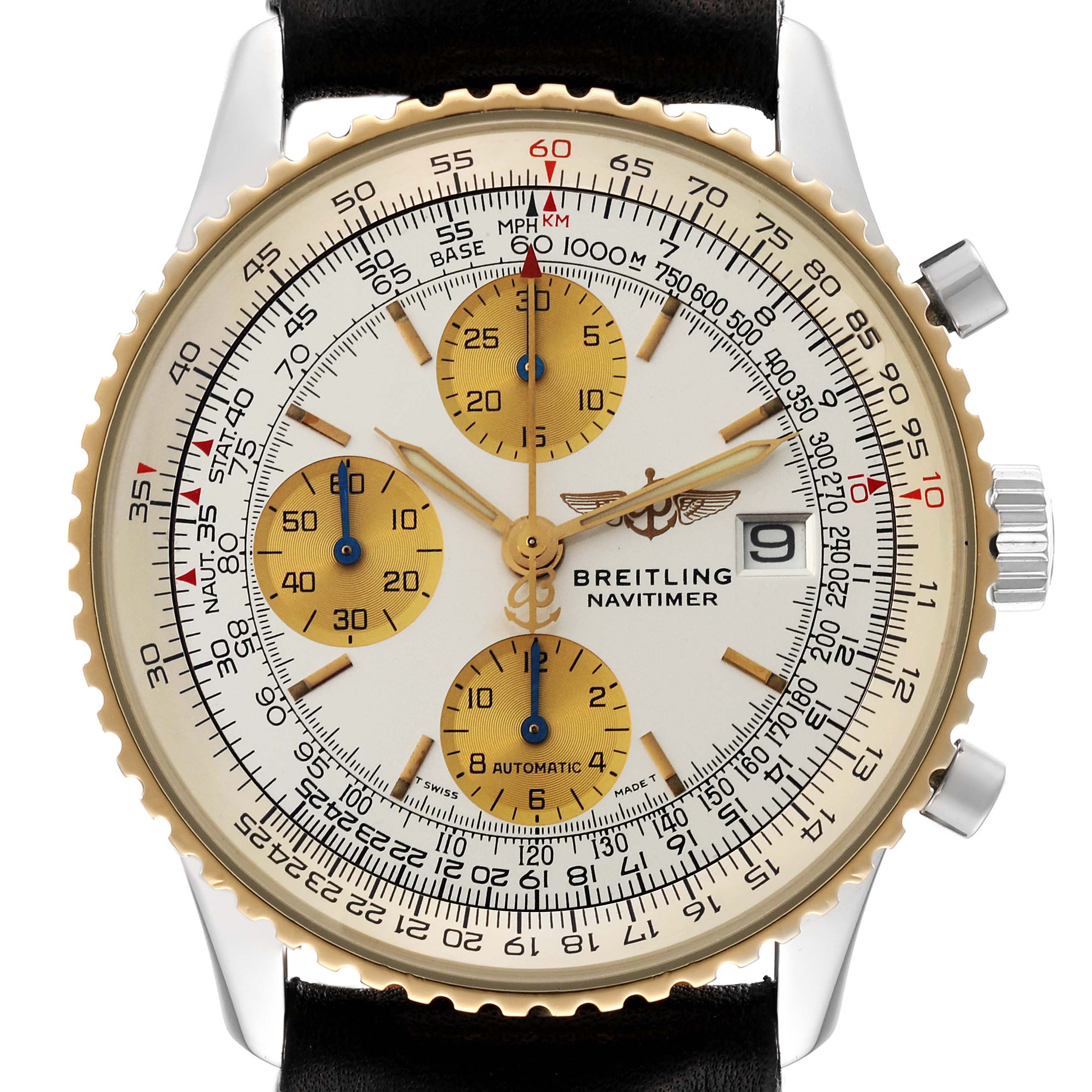 This is a frontal view of the Breitling Navitimer D13022 Men
s Stainless Steel White Dial D13022 Men
s Stainless Steel White Dial watch displaying its dial, bezel, crown, and chronograph subdials.